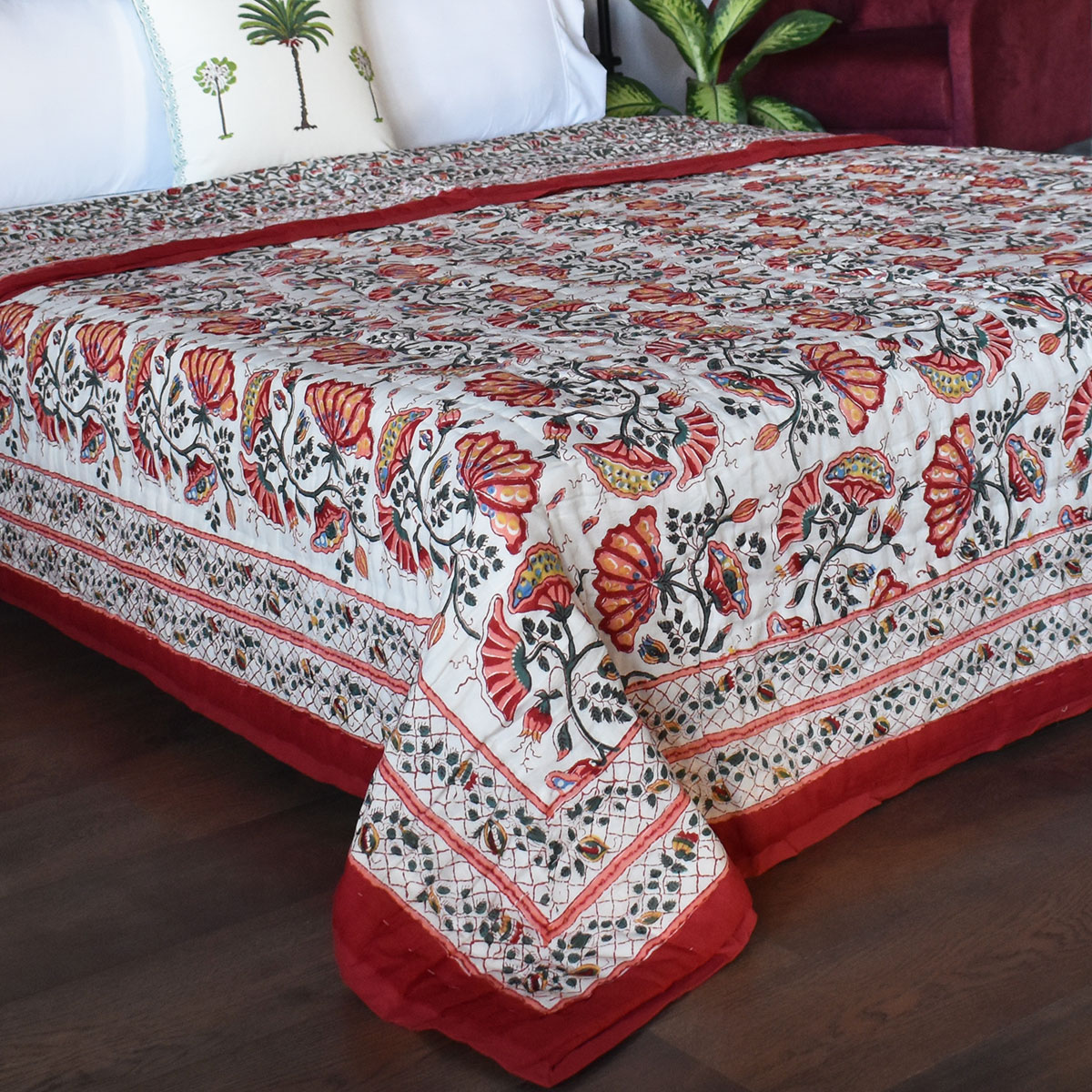 Queen Size Soft Cotton Quilt Handmade Waterlily Red 100407