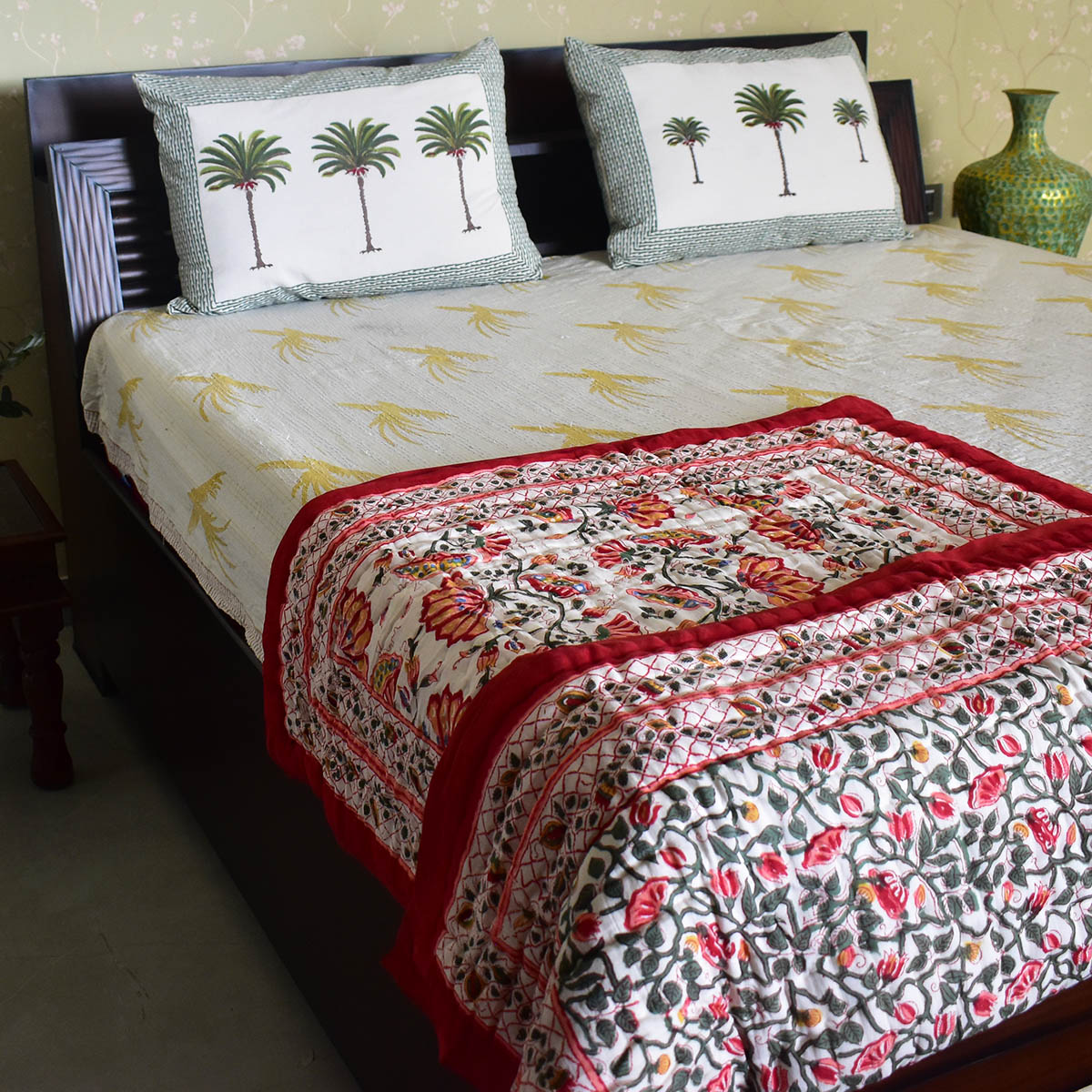 Hand Block Printed Baby Quilt Jaipur Razai Waterlily Red 100407
