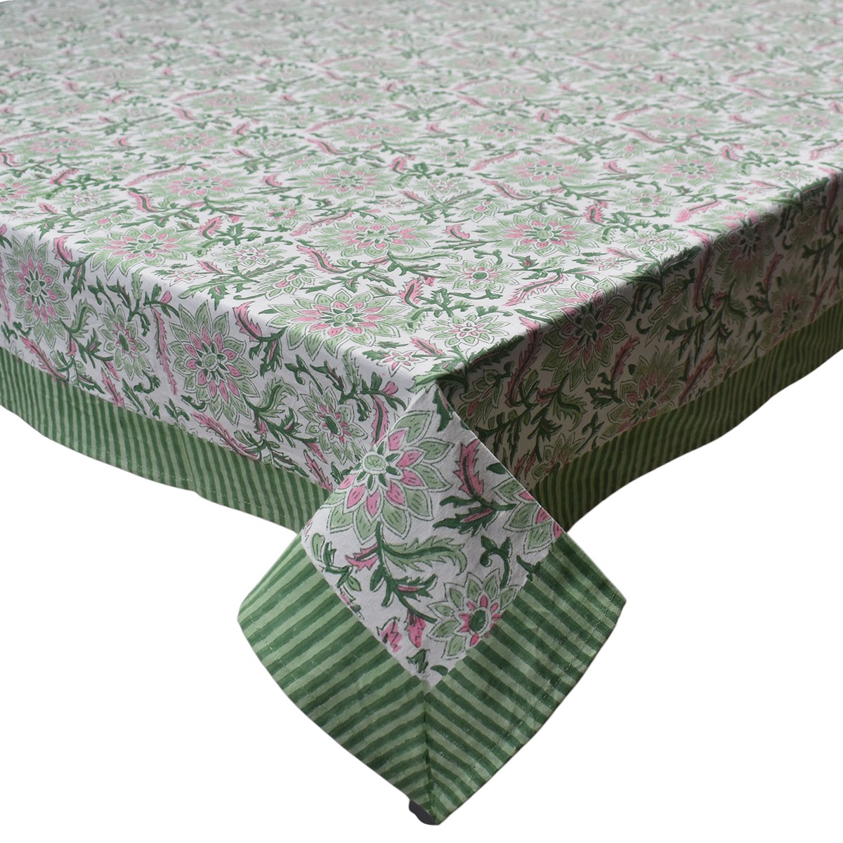Wood Block Printed Handmade Tablecloth 150x220 cms Madhubala Green 202526