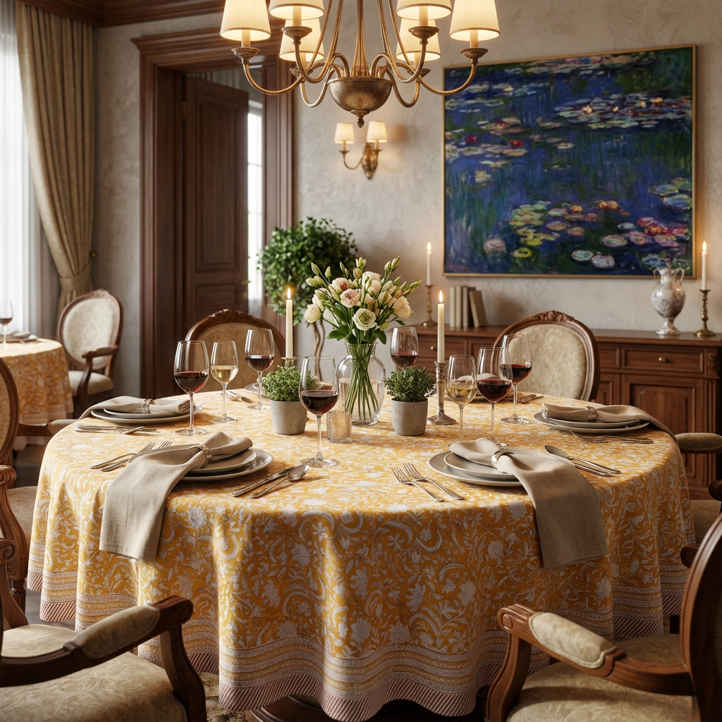 Round 220 cms Cotton French Design Table Cover Wild Flower Mustard 202401