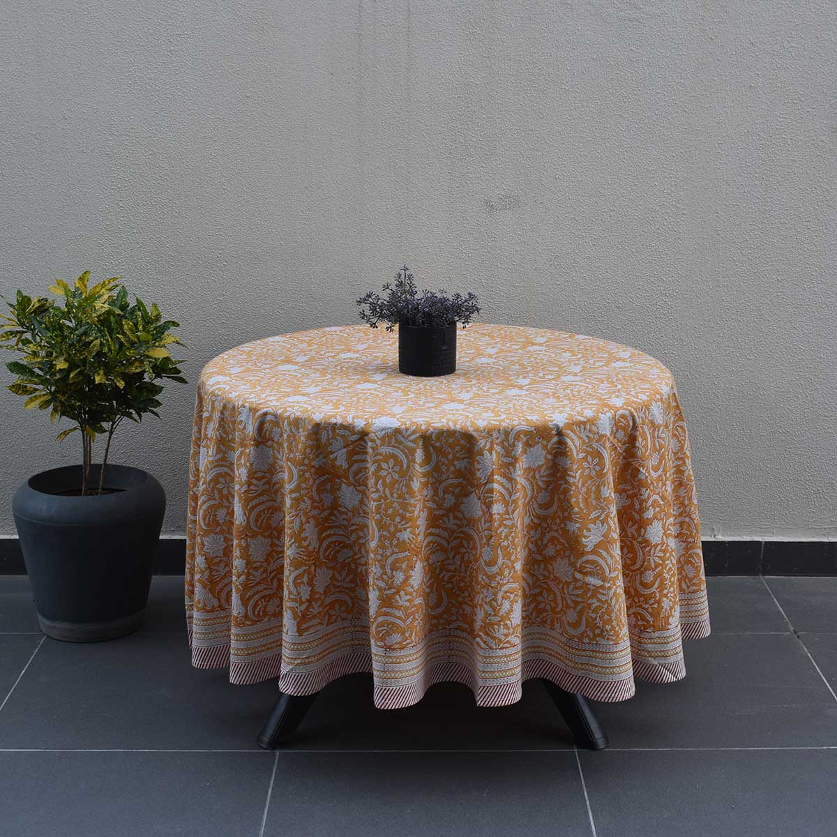 Round 220 cms Cotton French Design Table Cover Wild Flower Mustard 202401