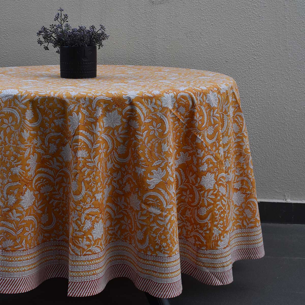 Round 220 cms Cotton French Design Table Cover Wild Flower Mustard 202401