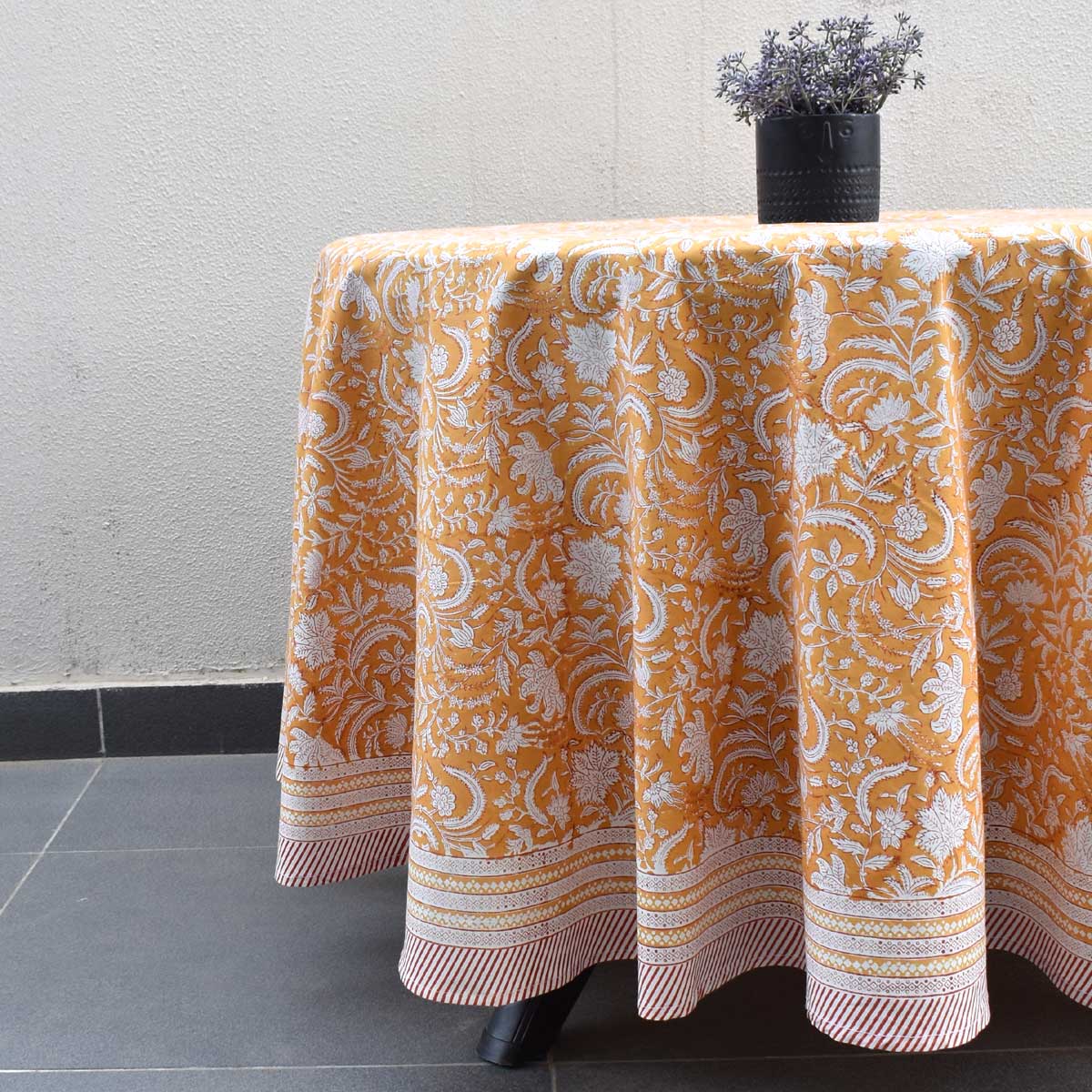 Round 220 cms Cotton French Design Table Cover Wild Flower Mustard 202401