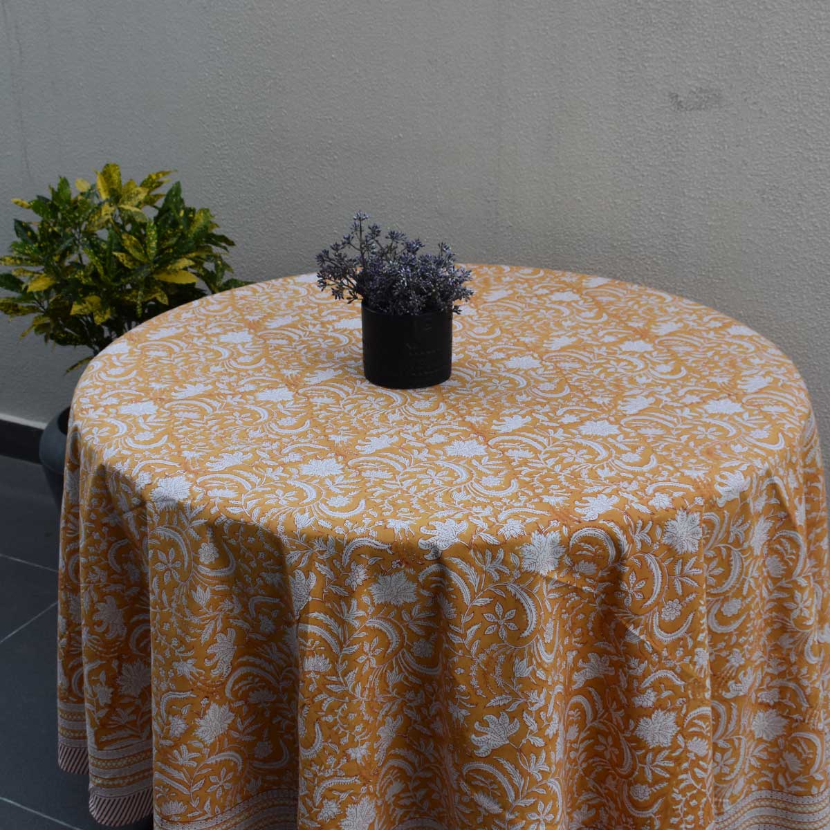Round 220 cms Cotton French Design Table Cover Wild Flower Mustard 202401
