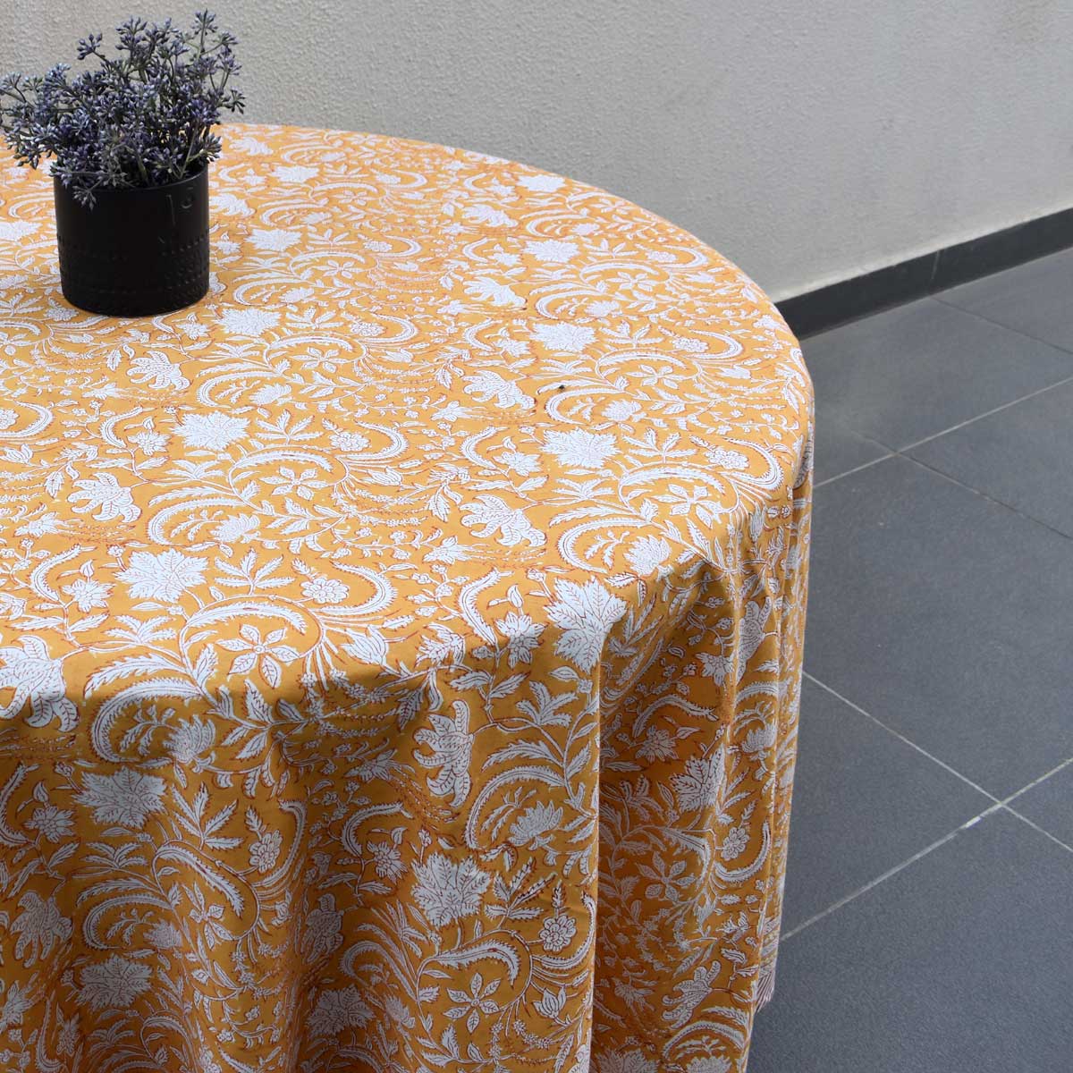 Round 220 cms Cotton French Design Table Cover Wild Flower Mustard 202401