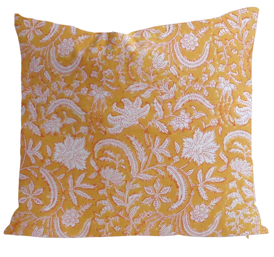 Hand Block Printed Cotton Cushion Cover 40x40 cms Wild Flower Mustard 202401