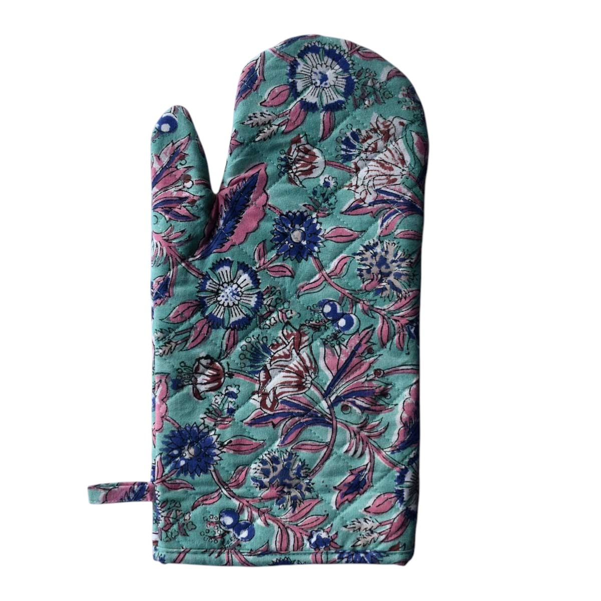 Artisan-Made Hand Block Printed Oven Mitt and Pot Holder Set Wild Flower Ocean Gud 100342