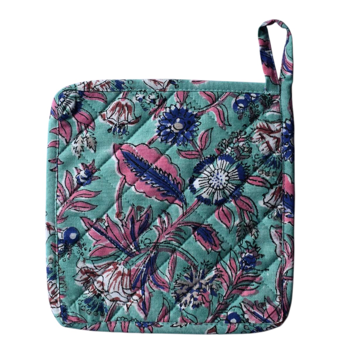 Artisan-Made Hand Block Printed Oven Mitt and Pot Holder Set  Wild Flower Ocean Gud 100342