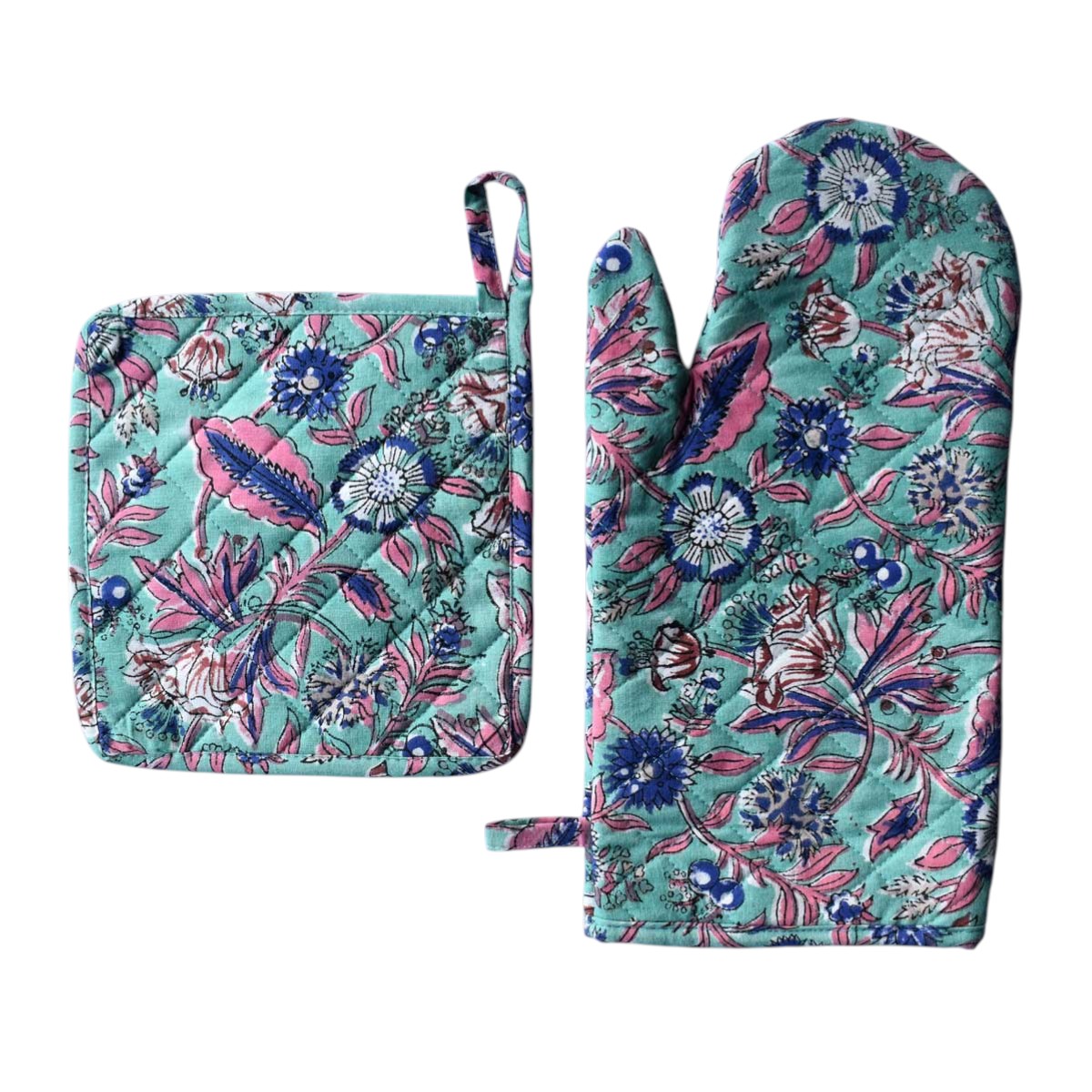 Artisan-Made Hand Block Printed Oven Mitt and Pot Holder Set Wild Flower Ocean Gud 100342