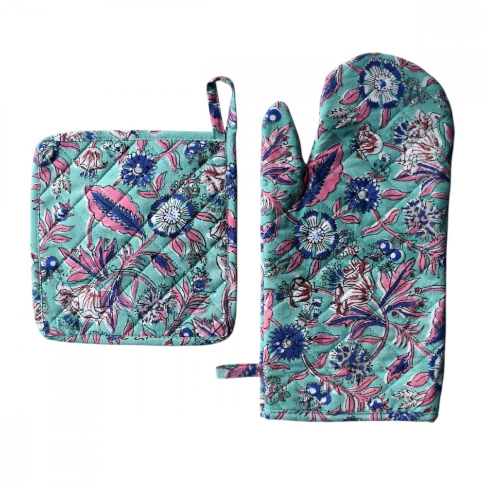 Image of Artisan-Made Hand Block Printed Oven Mitt and Pot Holder Set | Wild Flower Ocean Gud 100342