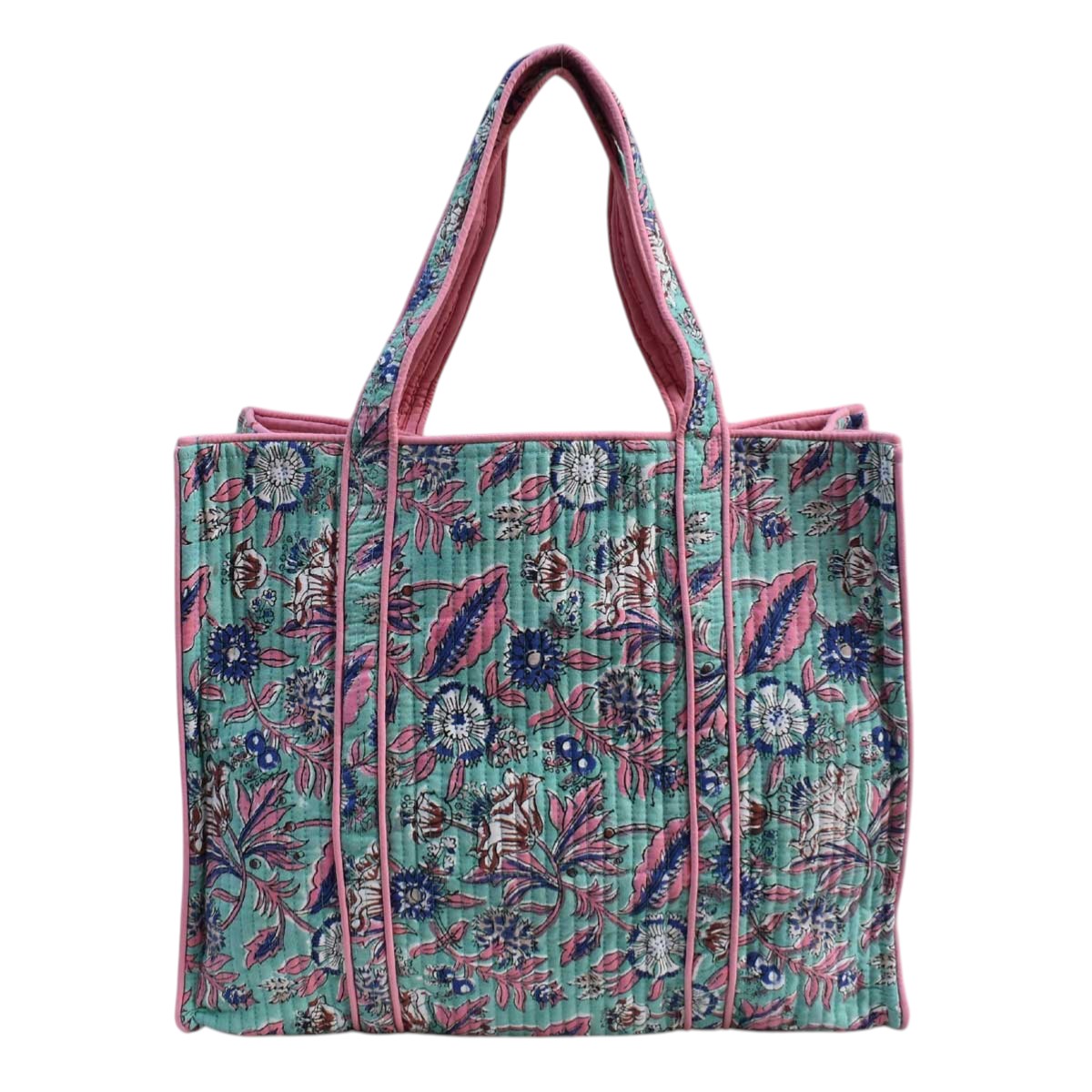 Hand Block Printed Cotton Quilted Tote Bag Wild Flower Ocean Gud 102942