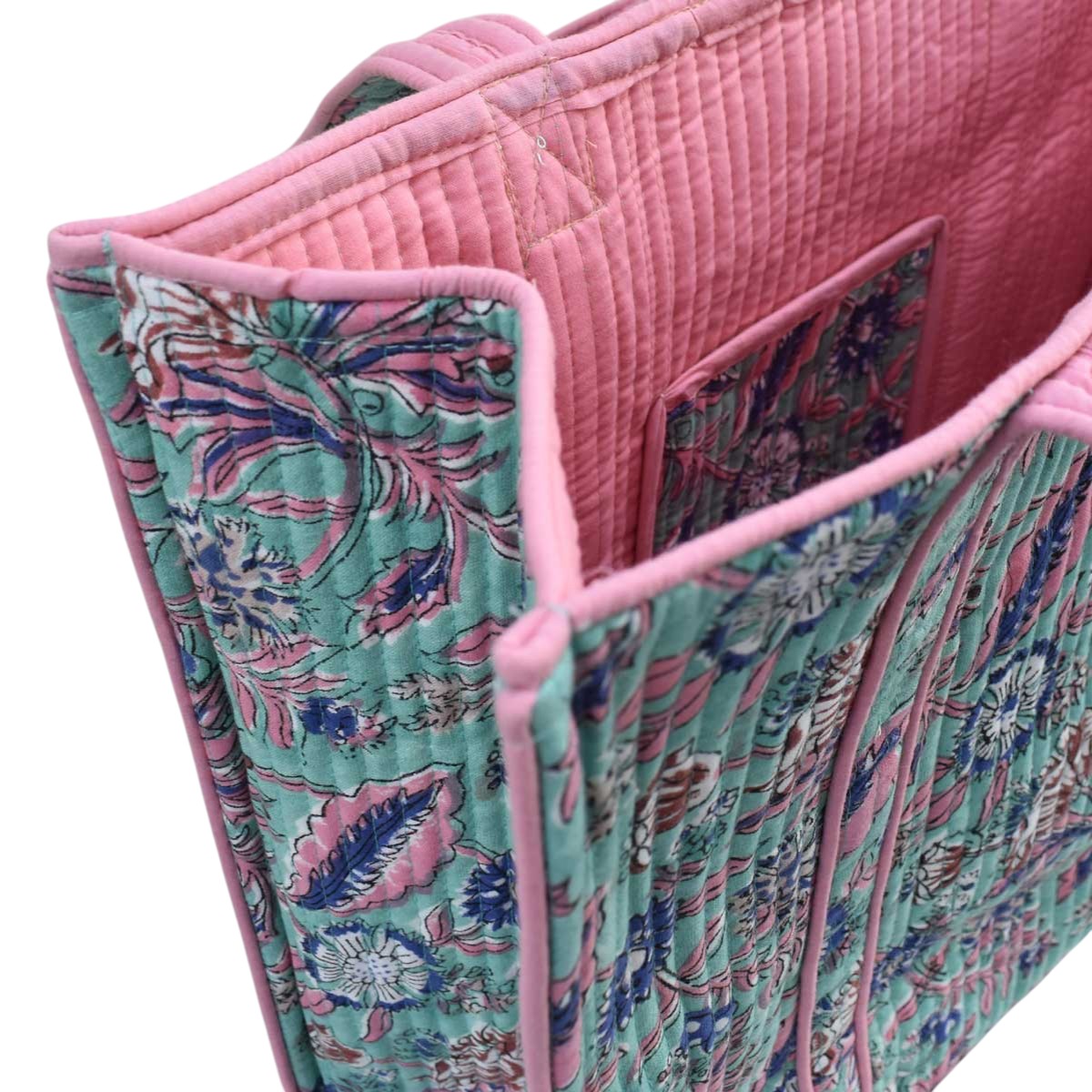 Hand Block Printed Cotton Quilted Tote Bag Wild Flower Ocean Gud 102942