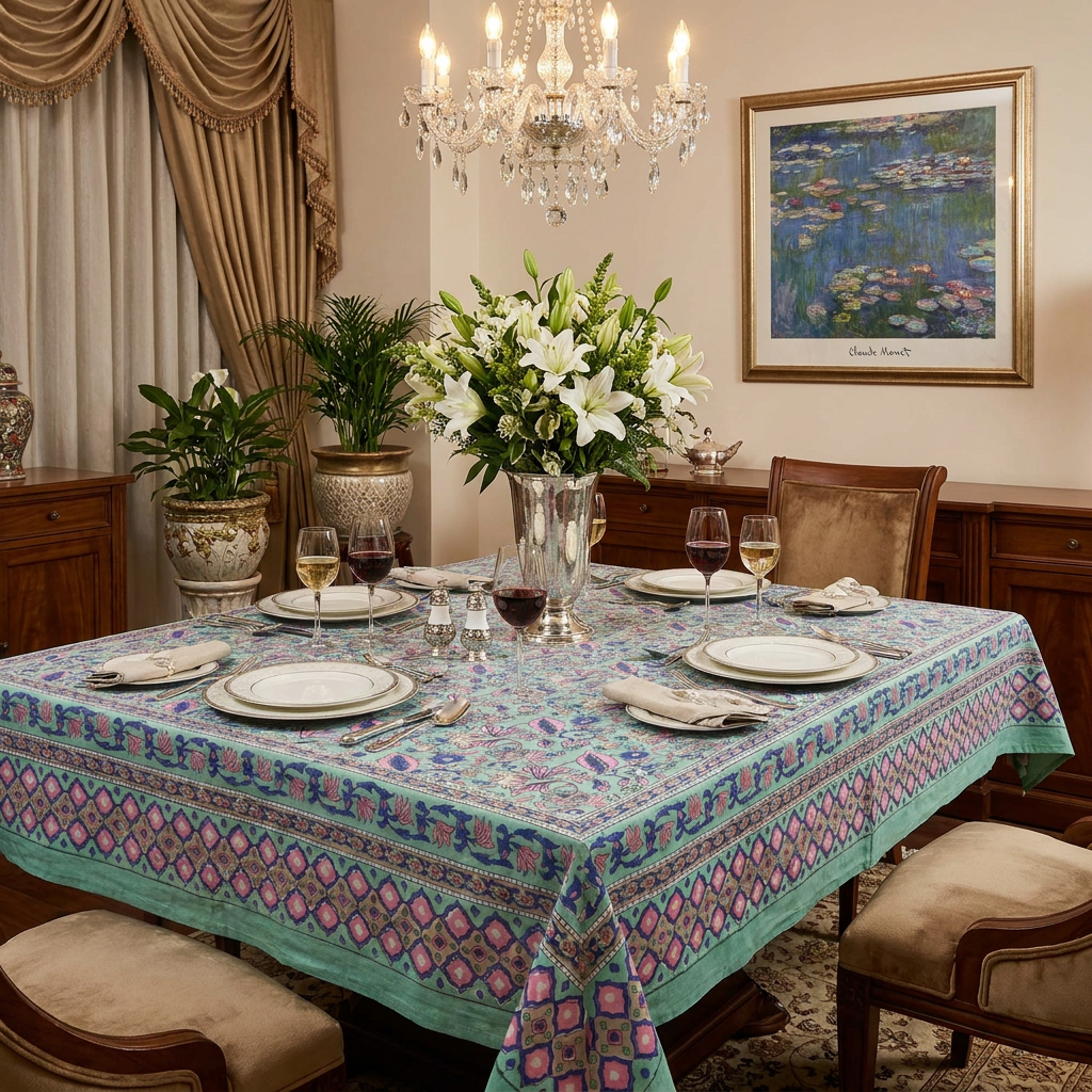 Hand Block Printed Cotton Tablecloth 180x270 cms Wild Flower Ocean Gud 106161