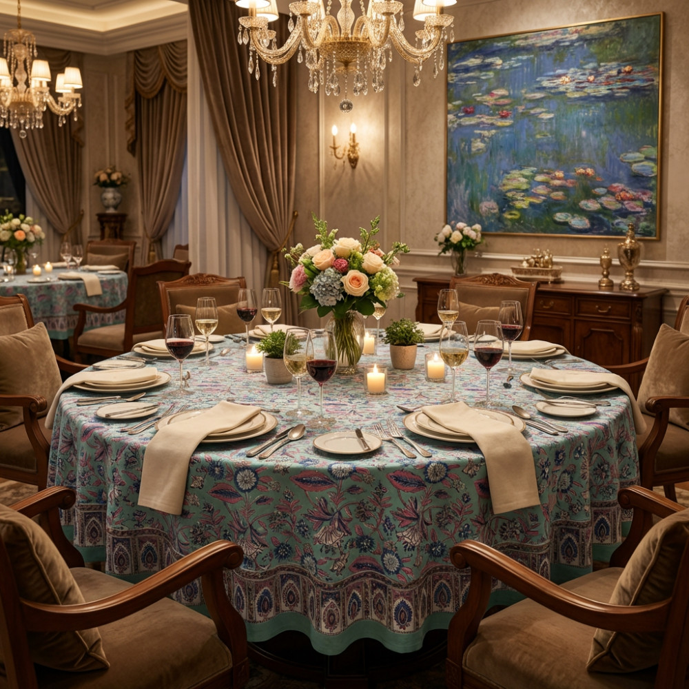 Image of Hand Block Printed Cotton Round Tablecloth 220 cms | Wild Flower Ocean Gud 106179