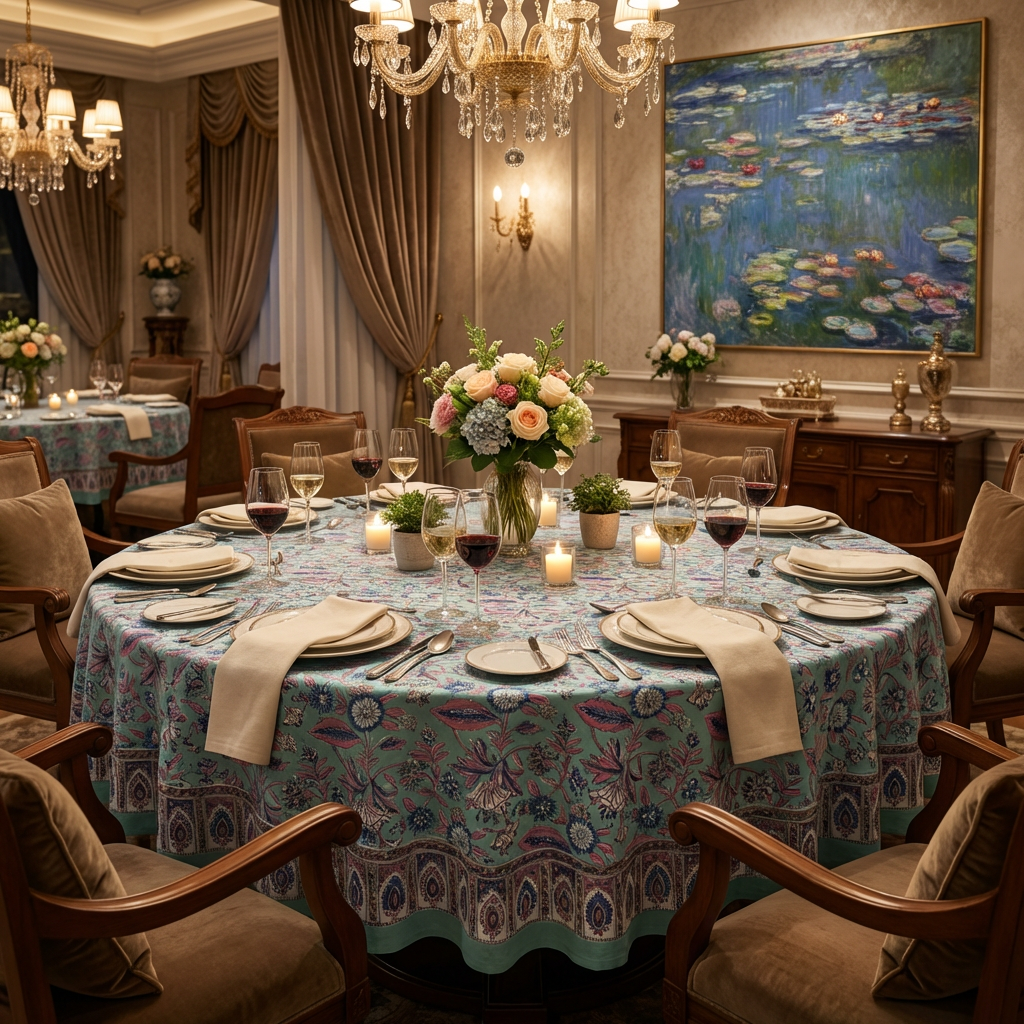 Hand Block Printed Cotton Round Tablecloth 150 cms  Wild Flower Ocean Gud 106179