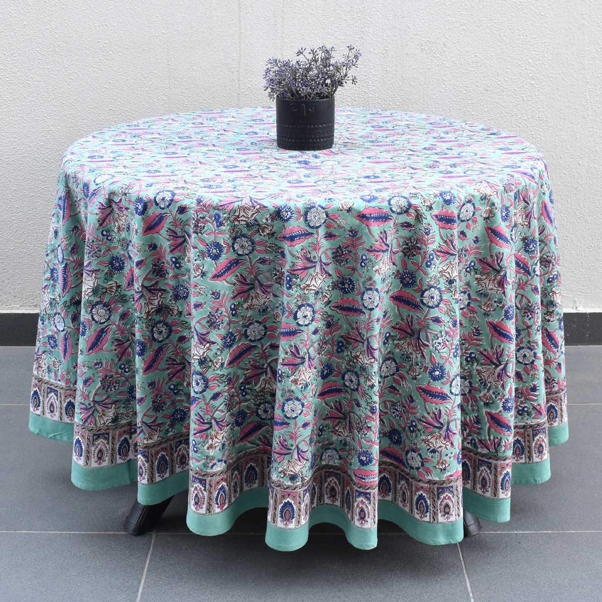 Hand Block Printed Cotton Round Tablecloth 220 cms Wild Flower Ocean Gud 106179