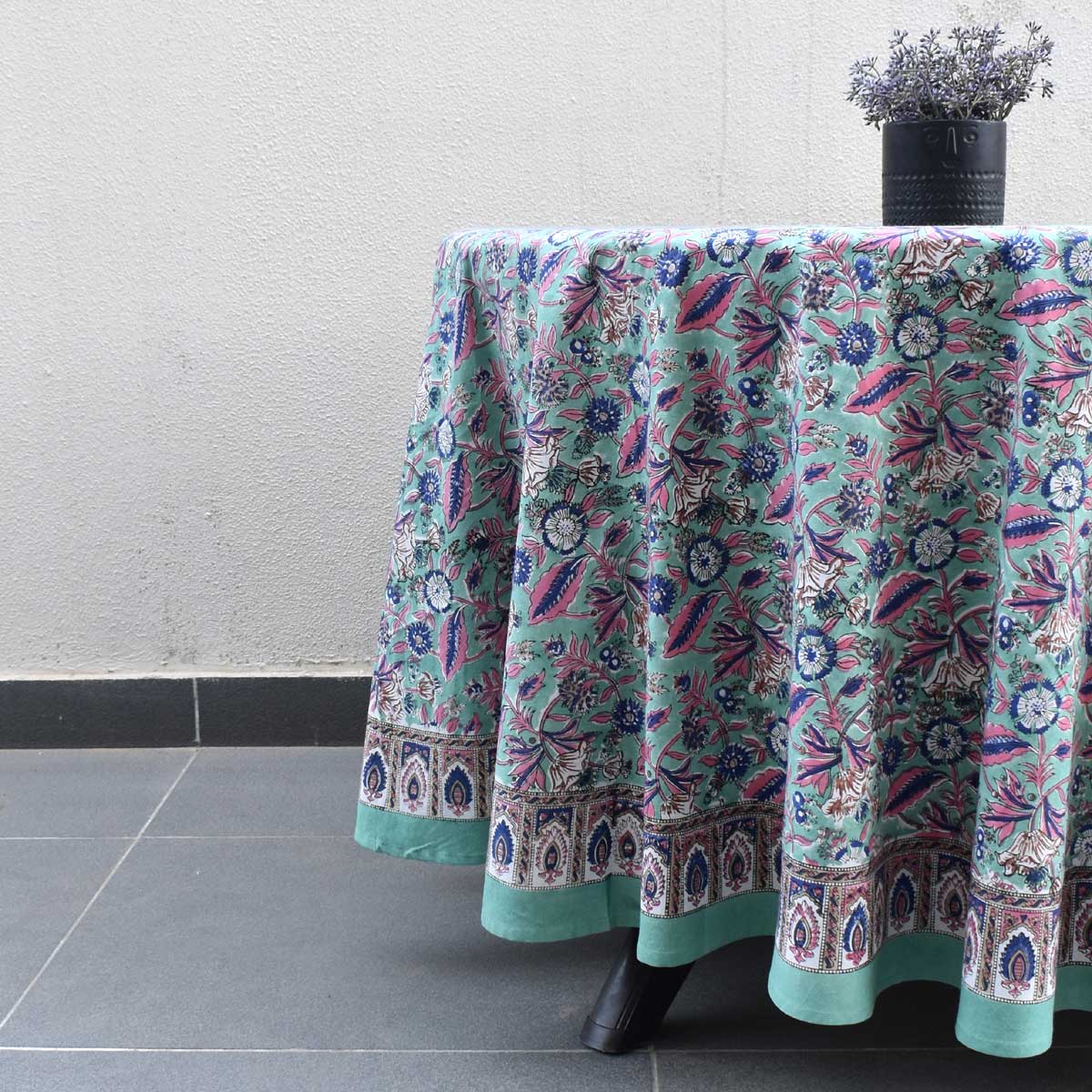 Hand Block Printed Cotton Round Tablecloth 150 cms  Wild Flower Ocean Gud 106179