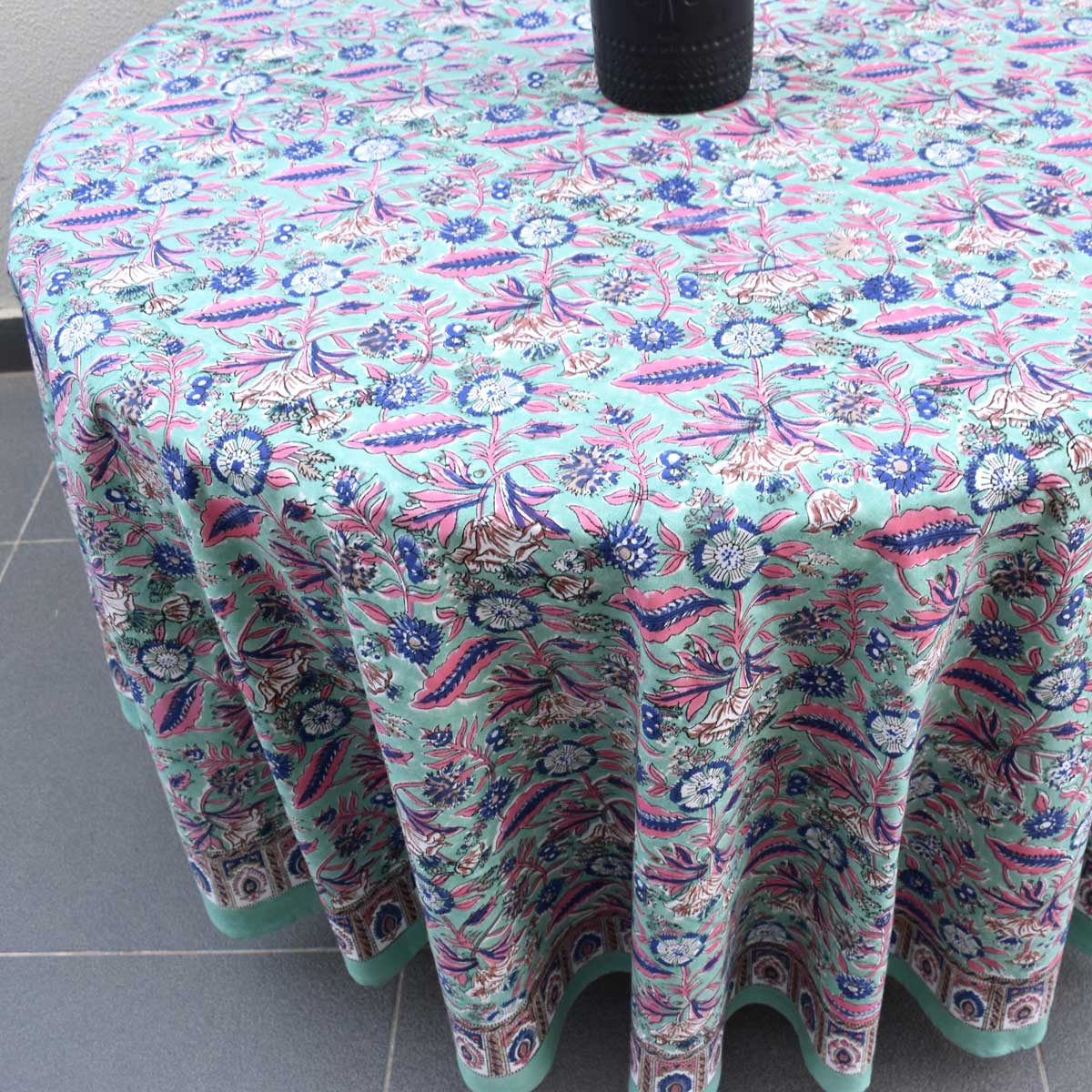 Hand Block Printed Cotton Round Tablecloth 220 cms Wild Flower Ocean Gud 106179
