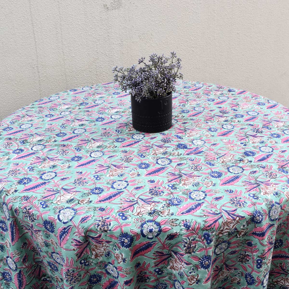 Hand Block Printed Cotton Round Tablecloth 220 cms Wild Flower Ocean Gud 106179