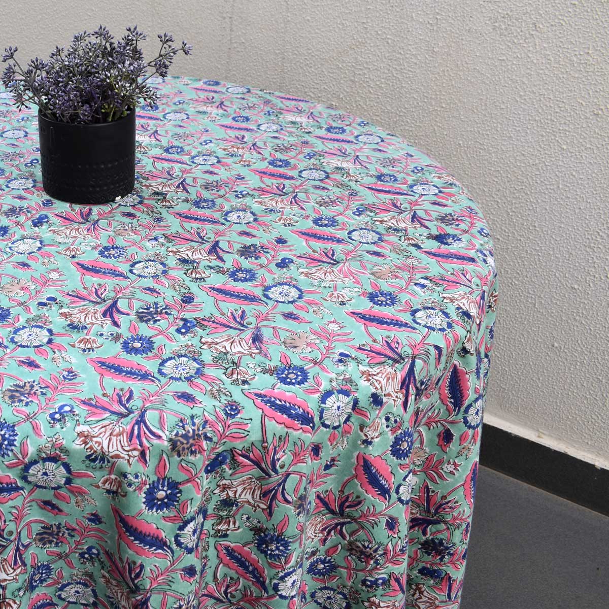 Hand Block Printed Cotton Round Tablecloth 220 cms Wild Flower Ocean Gud 106179