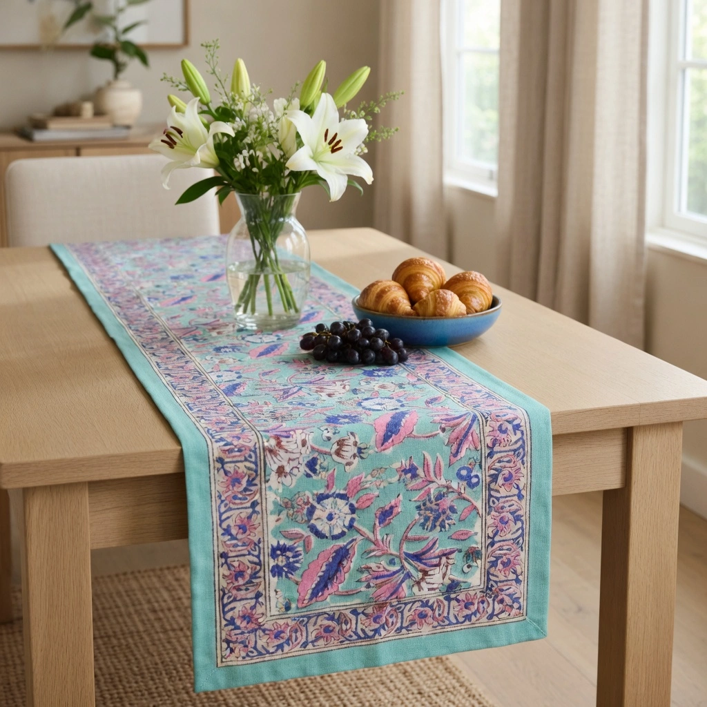 Hand Block Printed Cotton Canvas Table Runner 33x170 cms Wild Flower Ocean Gud 207938