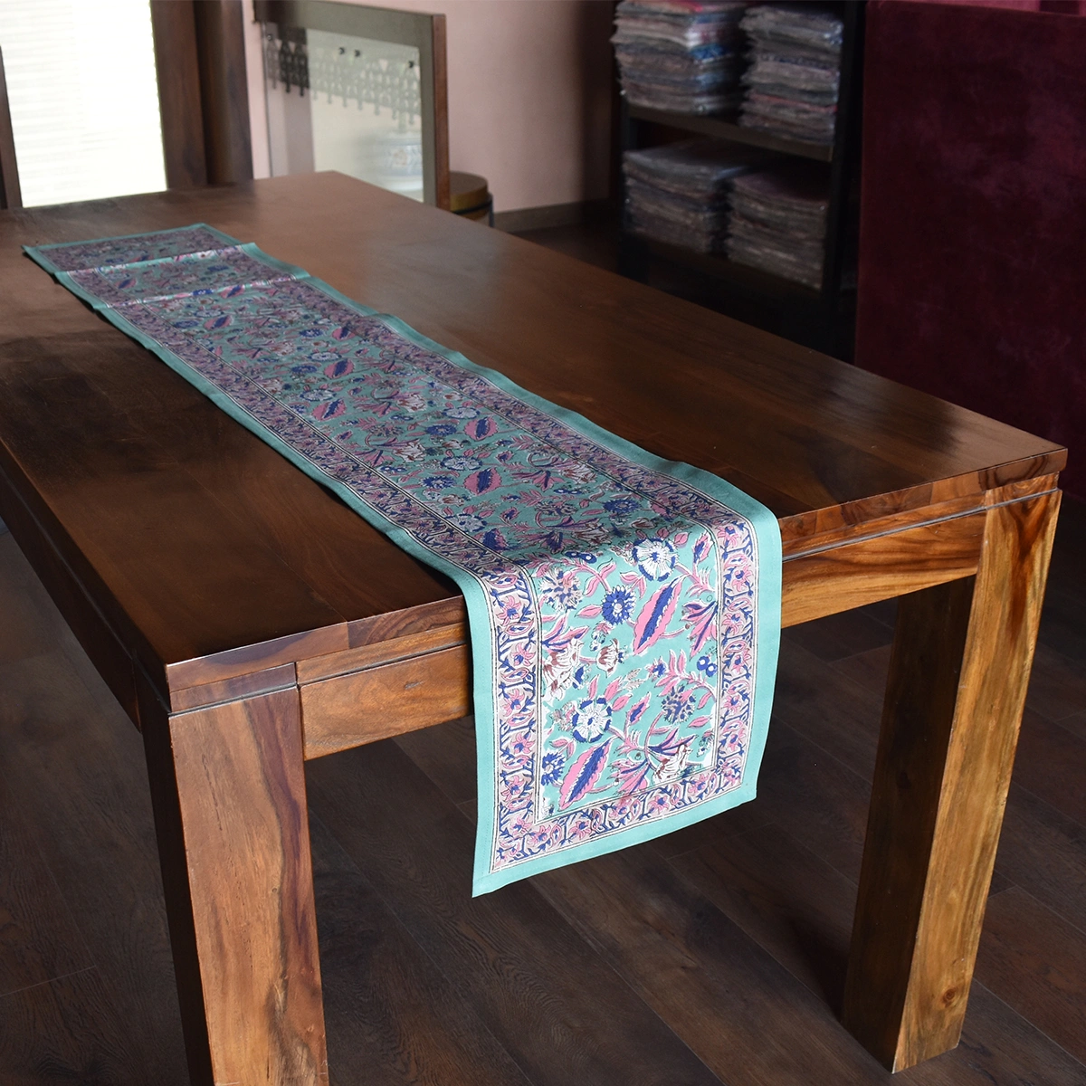 Hand Block Printed Cotton Canvas Table Runner 33x170 cms Wild Flower Ocean Gud 207938