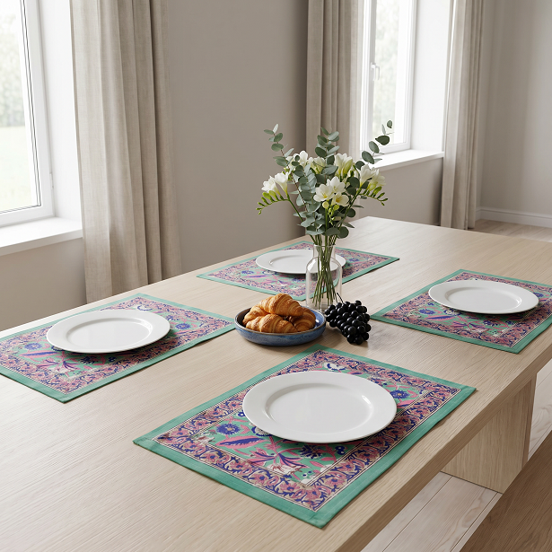 Hand Block Printed Cotton Canvas Table Mat 32x48 cms Set of 2 Table mats Wild Flower Ocean Gud 207948