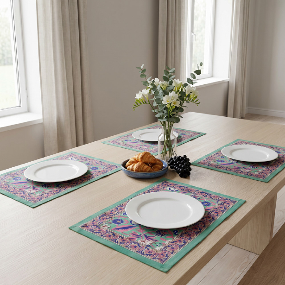 Image of Hand Block Printed Cotton Canvas Table Mat 32x48 cms (Set of 2 Table mats) | Wild Flower Ocean Gud 207948