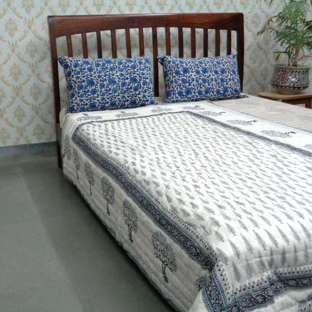 Hand Block Printed Cotton Twin Size Quilt Winter Fall Tree Grey 107195