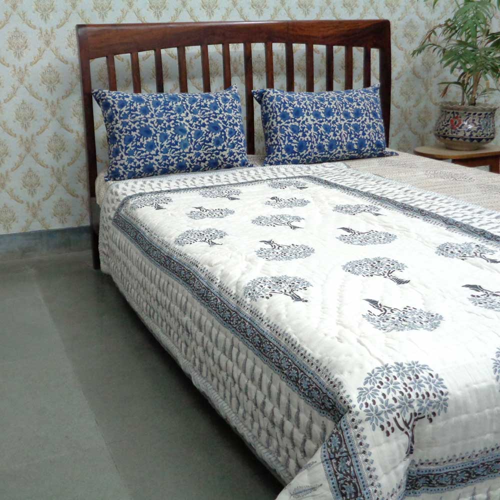 Hand Block Printed Cotton Twin Size Quilt Winter Fall Tree Grey 107195
