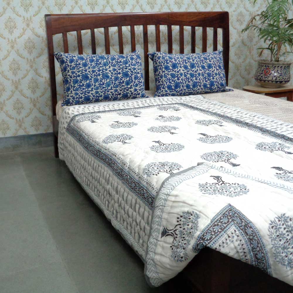 Hand Block Printed Cotton Twin Size Quilt Winter Fall Tree Grey 107195