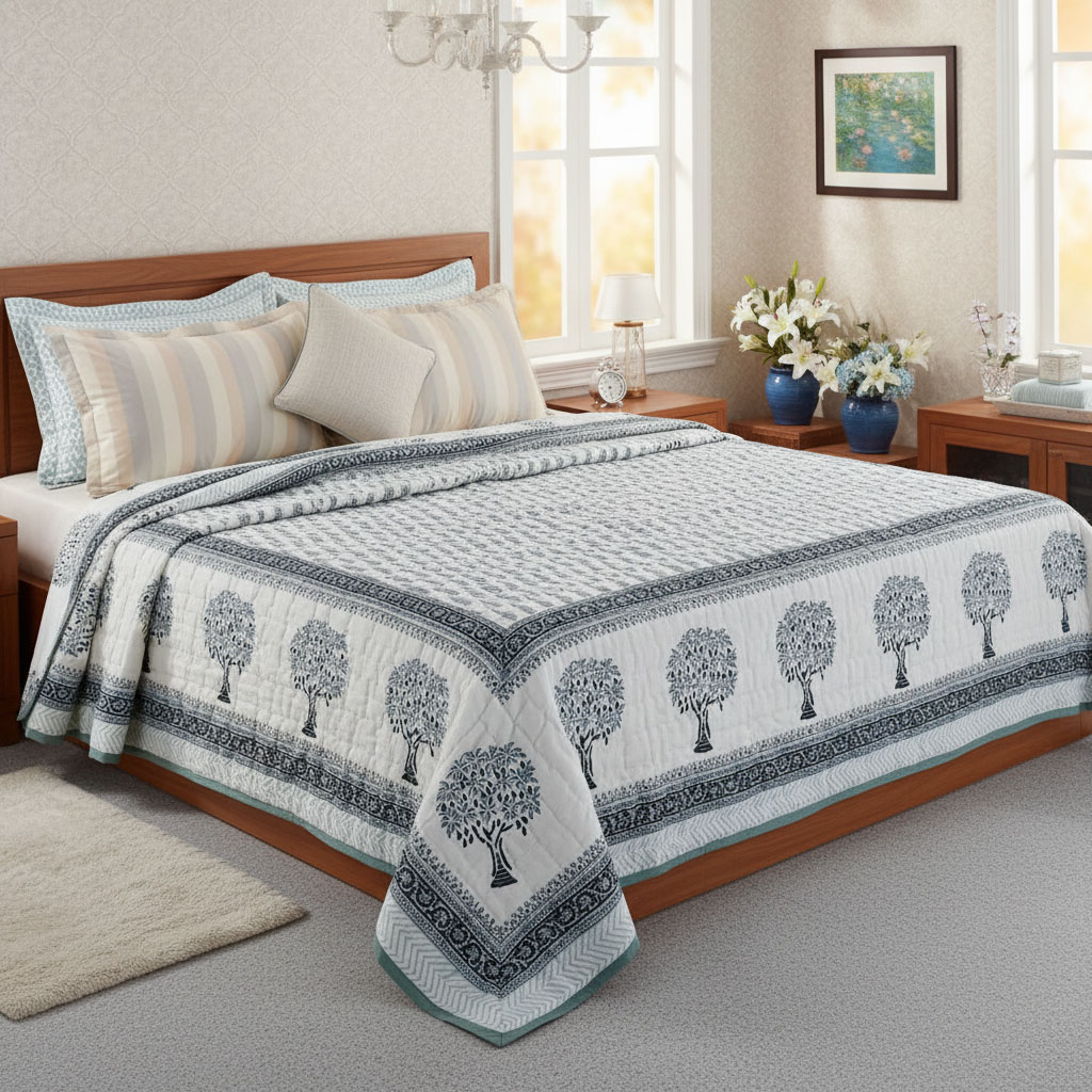 Queen Size Soft Cotton Quilt Handmade Winter Fall Tree Grey 107195