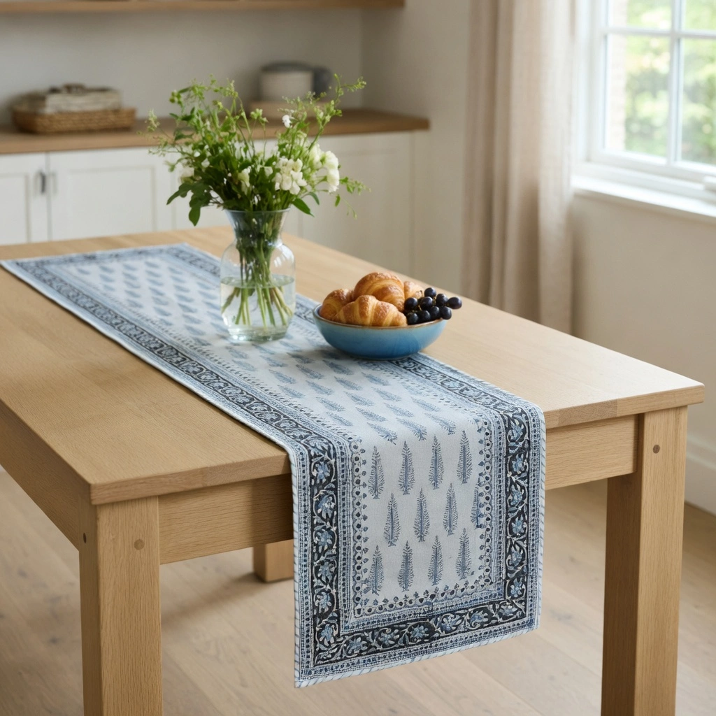 Hand Block Printed Cotton Canvas Table Runner 33x170 cms Winter Fall Tree Grey 107195