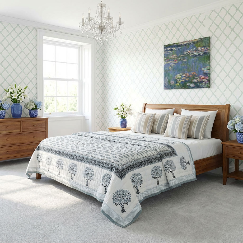 Hand Block Printed Cotton Twin Size Quilt Winter Fall Tree Grey 107195