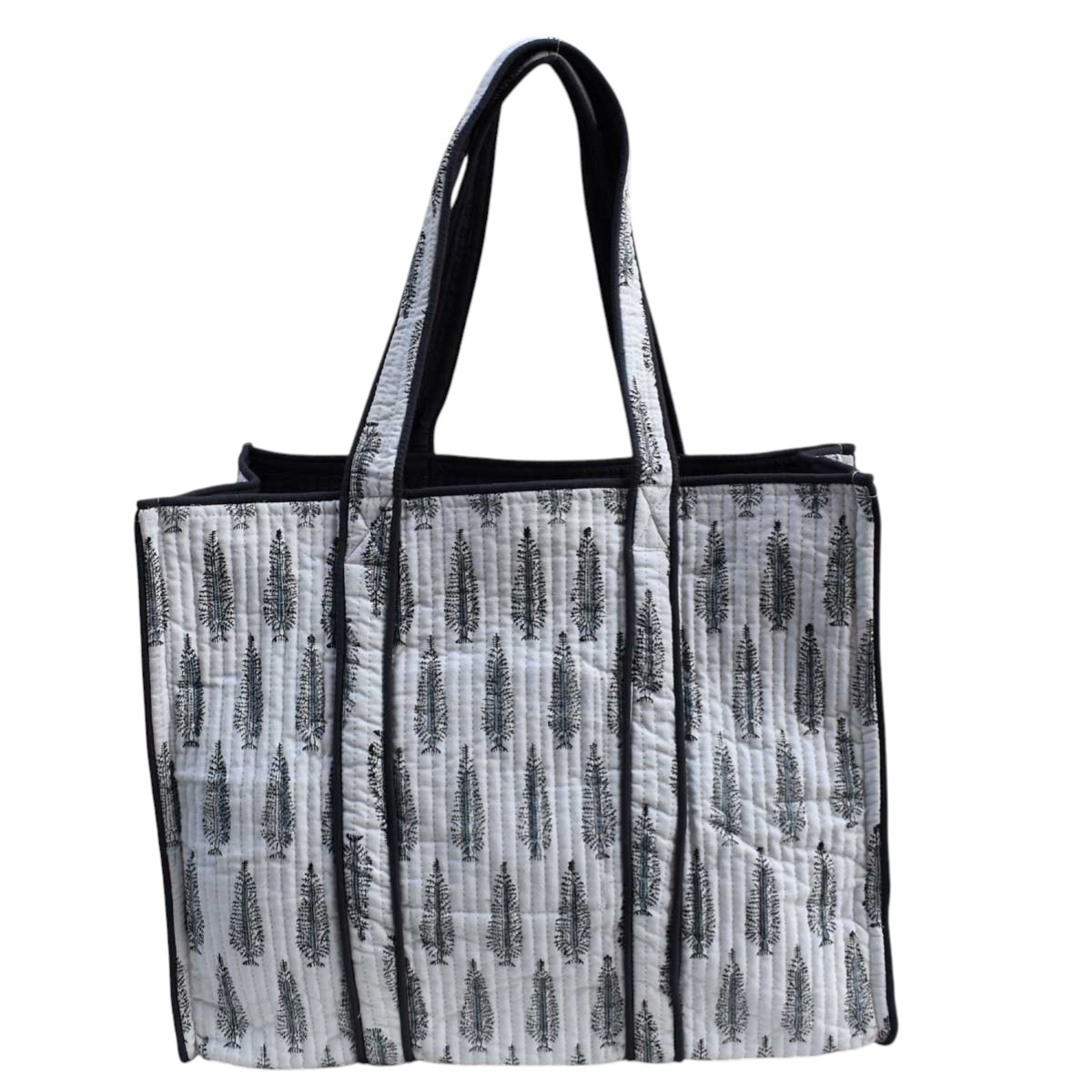 Hand Block Printed Cotton Quilted Tote Bag Winter Fall Tree Grey 107195