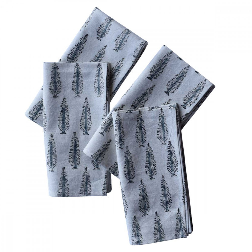 Image of Hand Block Printed Cotton Napkin 45x45 (Set of 4 Napkins) | Winter Fall Tree Grey 107195