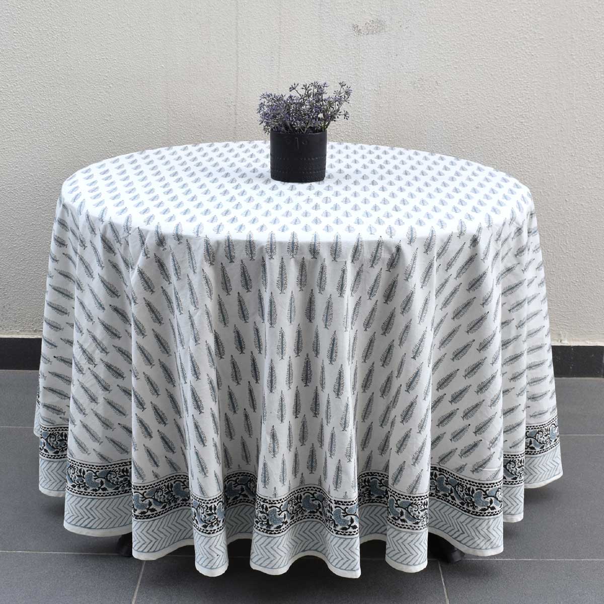 Hand Block Printed Cotton Round Tablecloth 220 cm Winter Fall Tree Grey 107195