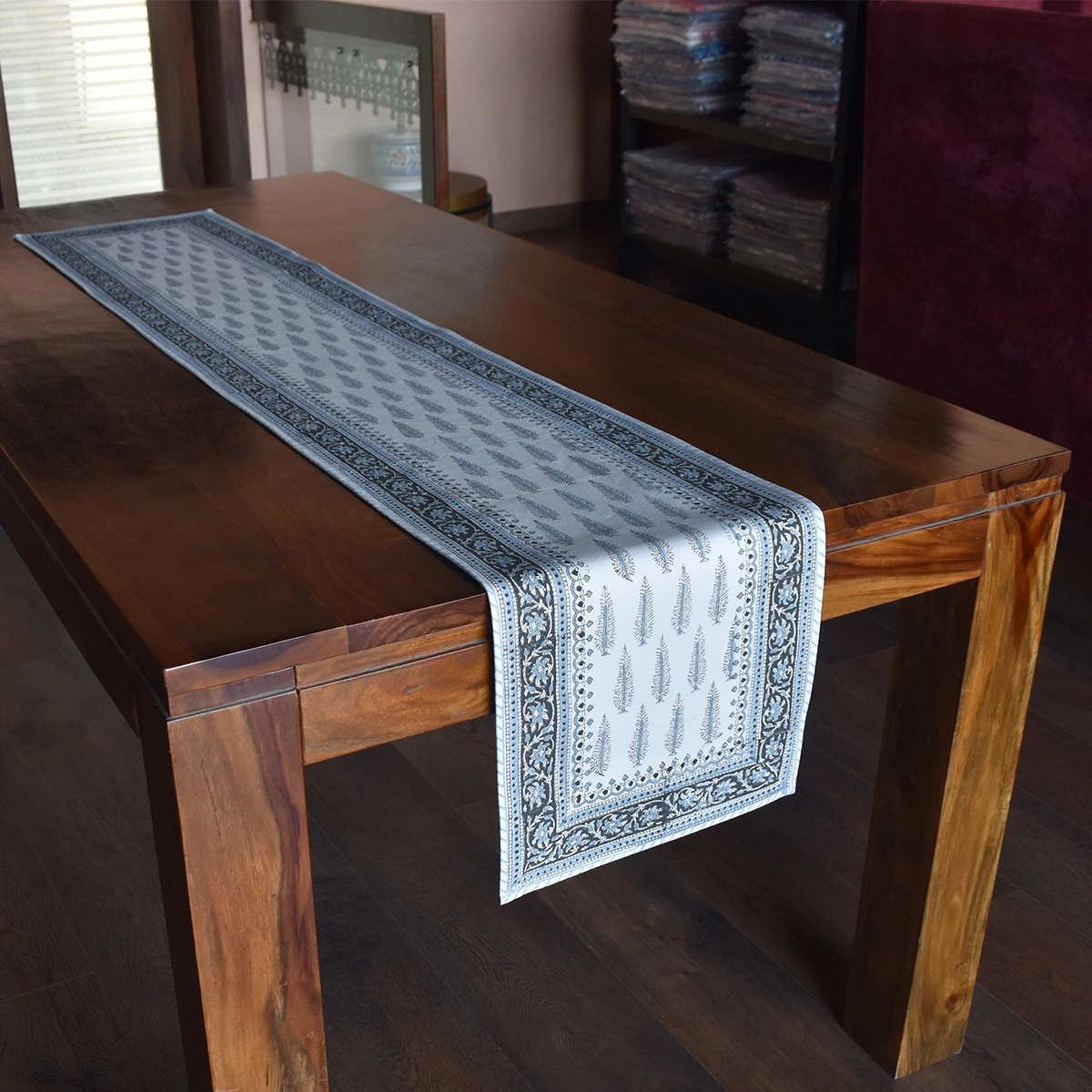 Hand Block Printed Cotton Canvas Table Runner 33x170 cms Winter Fall Tree Grey 107195