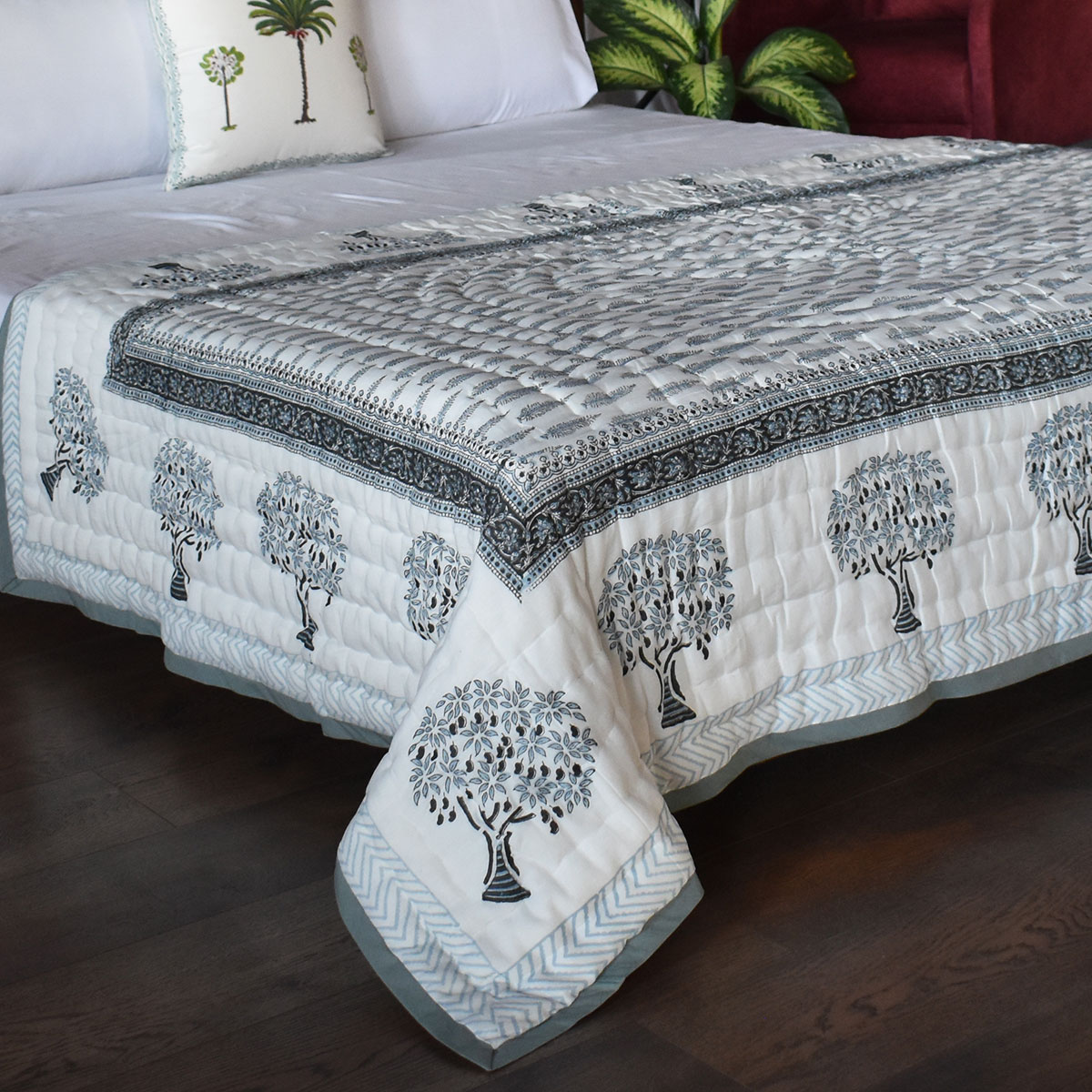 Hand Block Printed Cotton Twin Size Quilt Winter Fall Tree Grey 107195