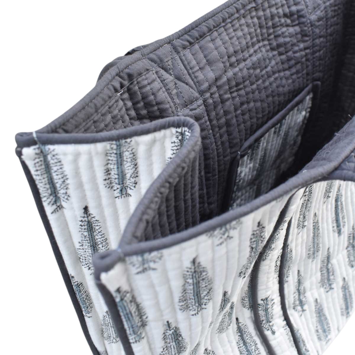 Hand Block Printed Cotton Quilted Tote Bag Winter Fall Tree Grey 107195