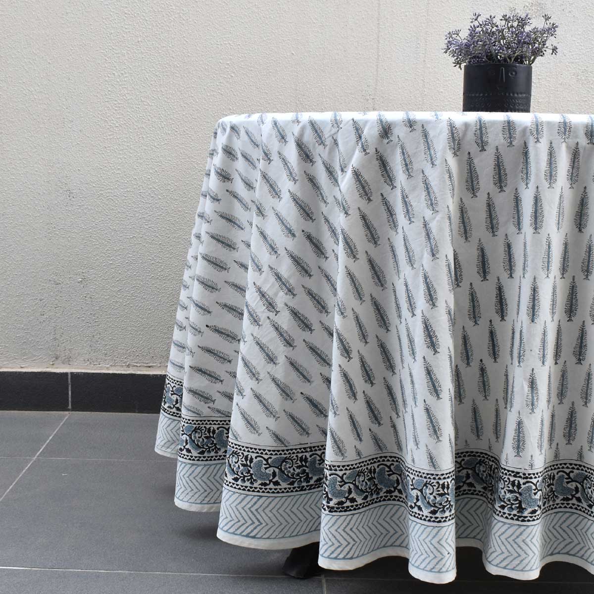 Hand Block Printed Cotton Round Tablecloth 220 cm Winter Fall Tree Grey 107195