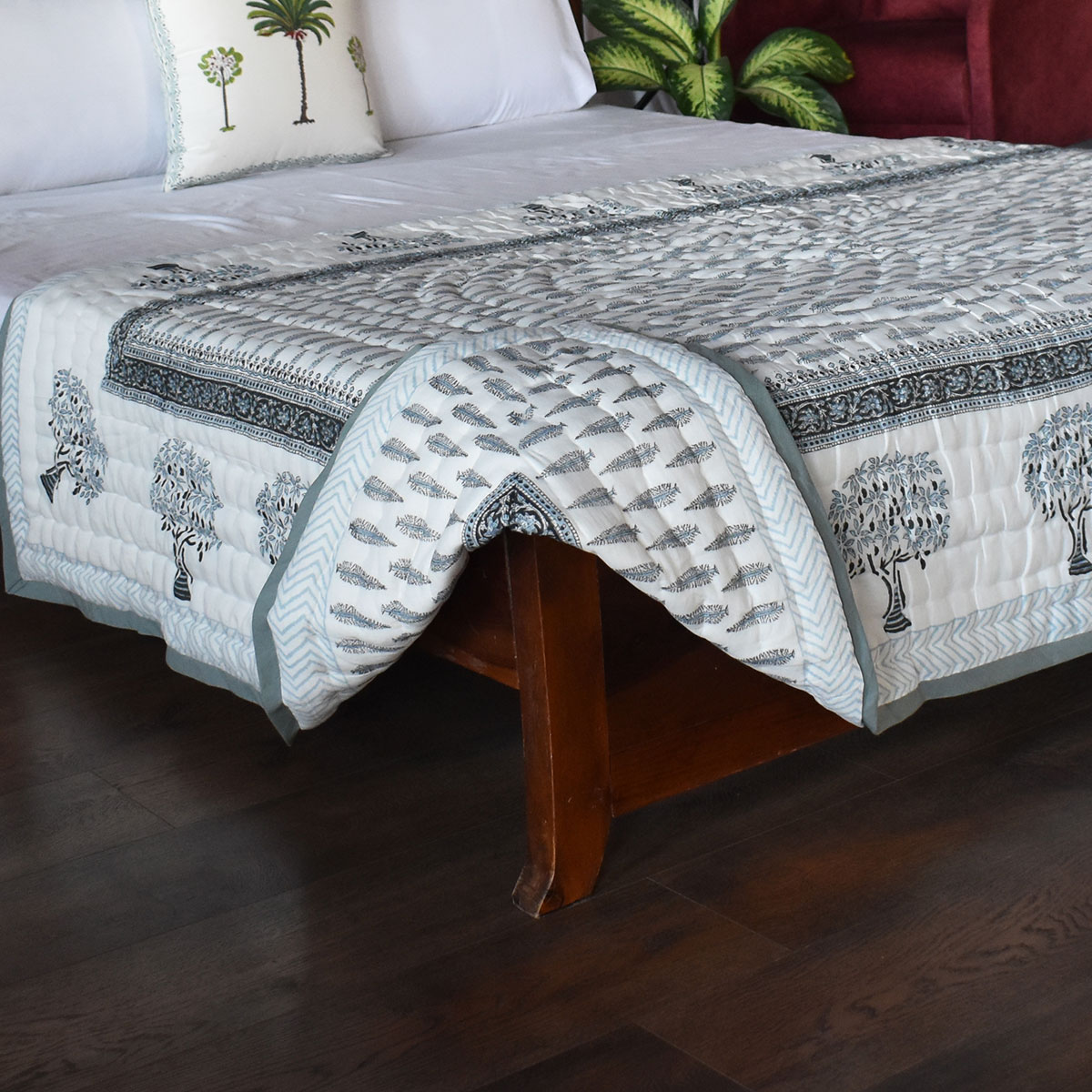 Hand  Block Printed Cotton Twin Size Quilt  Winter Fall Tree Grey 107195