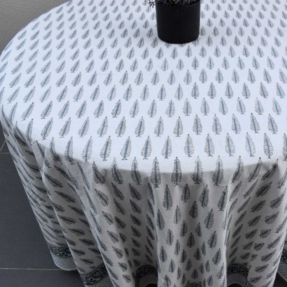 Hand Block Printed Cotton Round Tablecloth 180 cms Winter Fall Tree Grey 107195