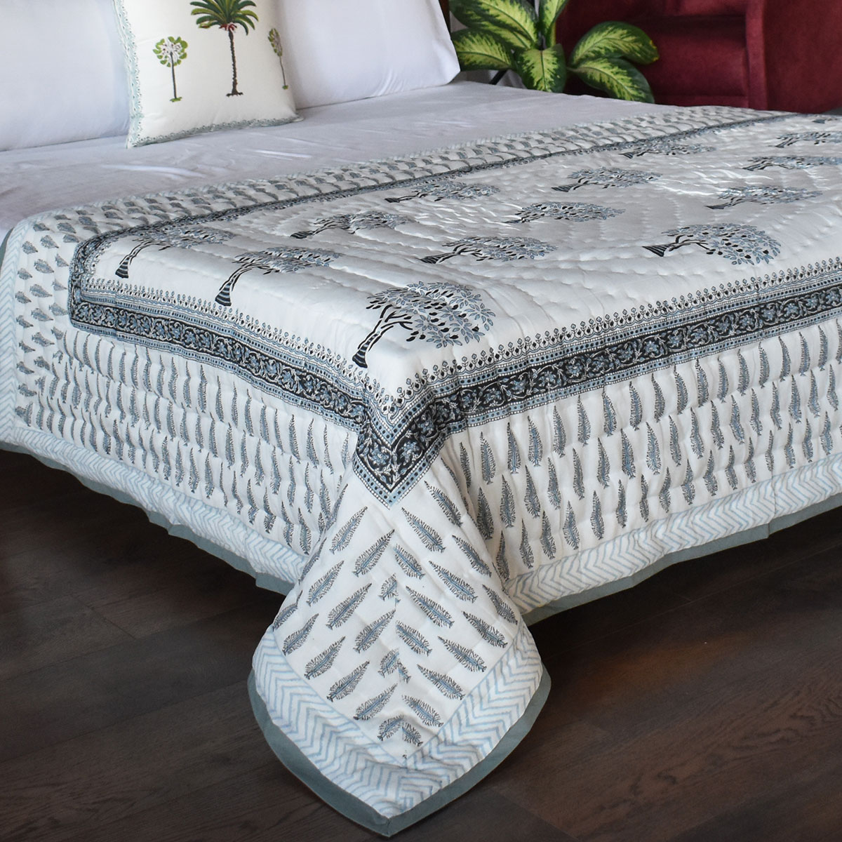 Hand  Block Printed Cotton Twin Size Quilt  Winter Fall Tree Grey 107195