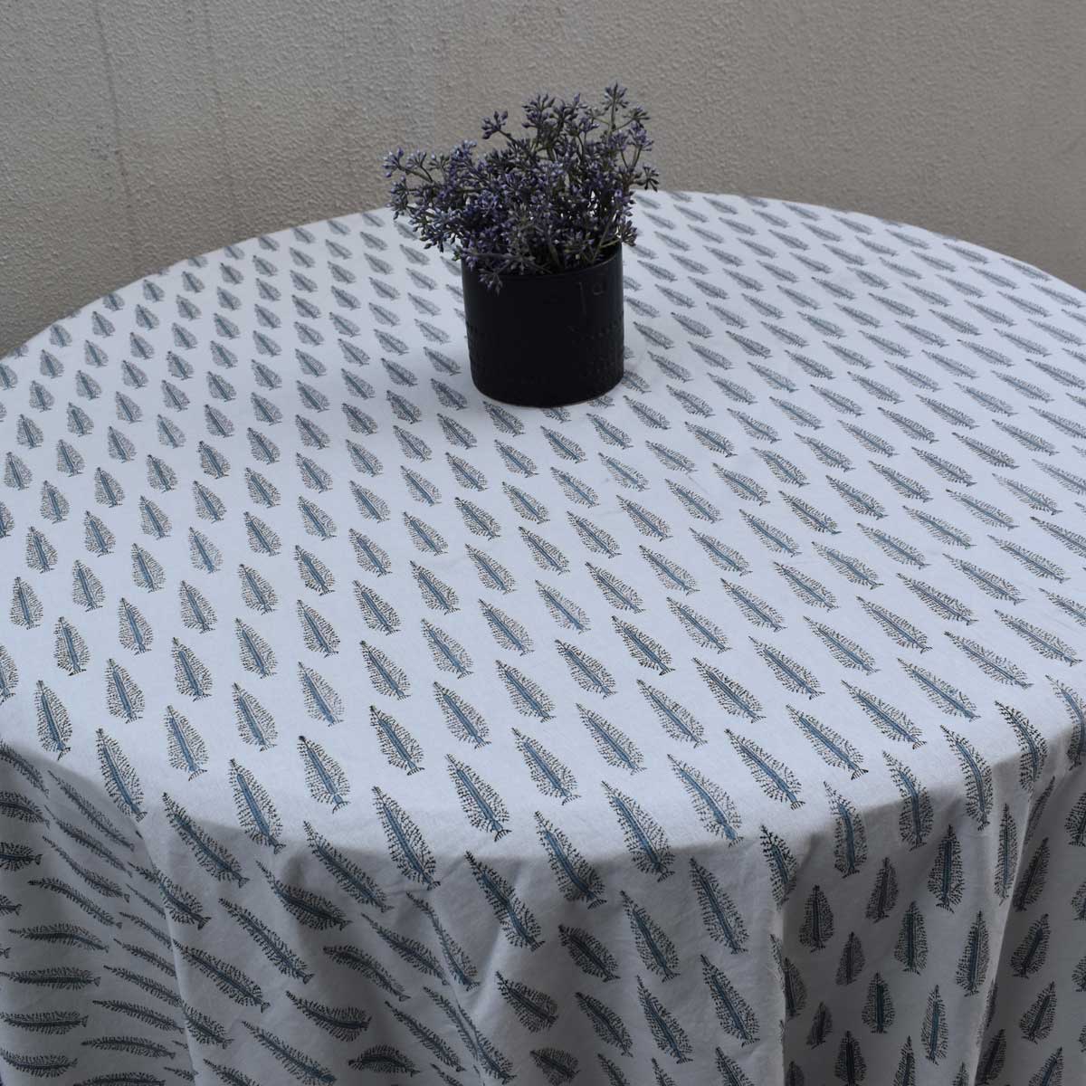 Hand Block Printed Cotton Round Tablecloth 180 cms Winter Fall Tree Grey 107195