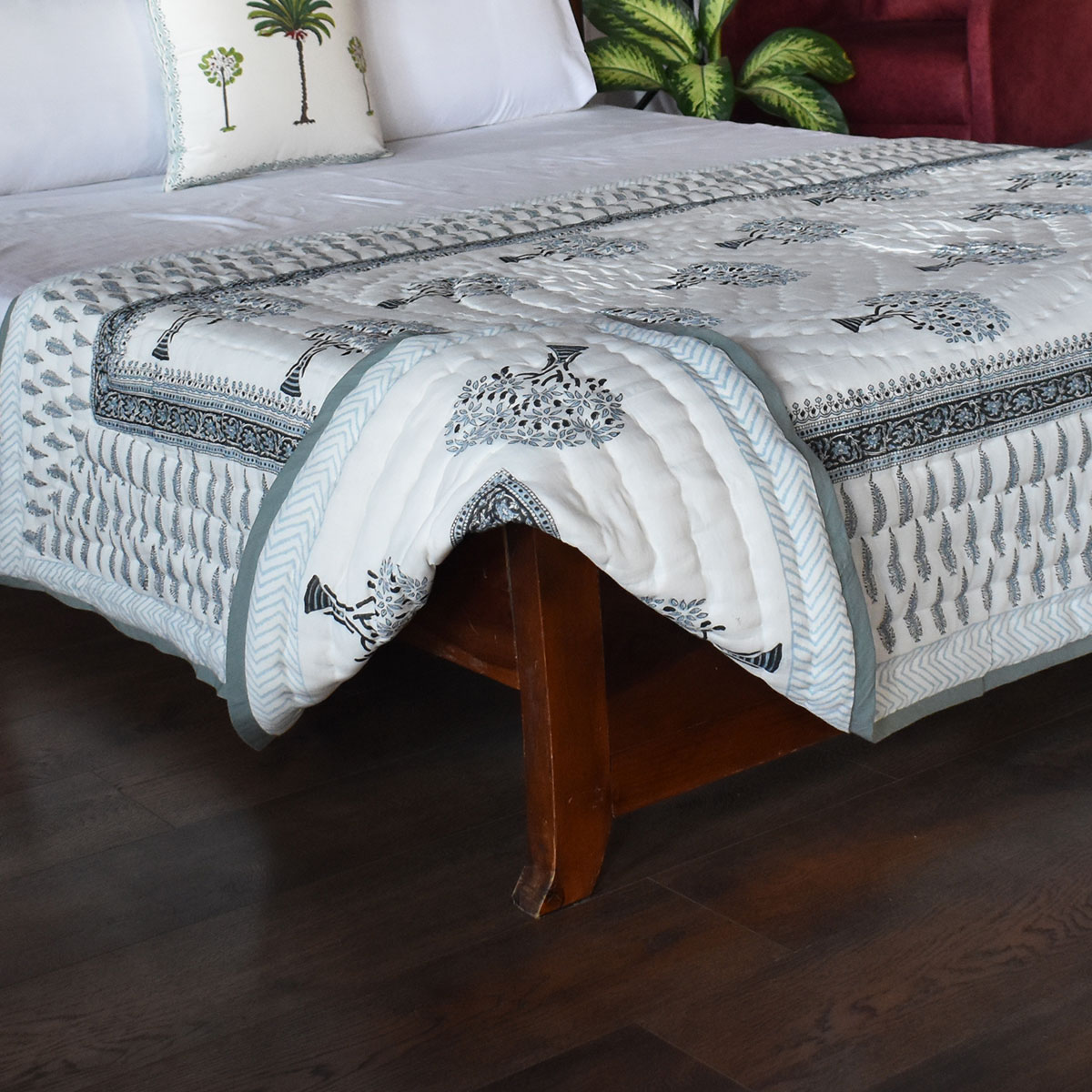 Hand  Block Printed Cotton Twin Size Quilt  Winter Fall Tree Grey 107195