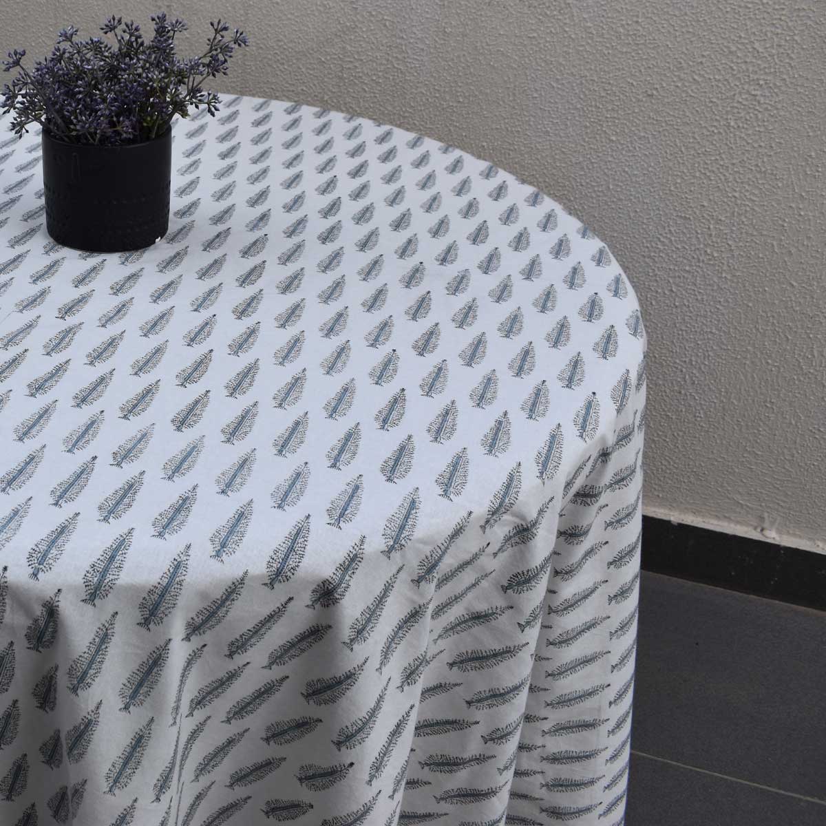 Hand Block Printed Cotton Round Tablecloth 180 cms Winter Fall Tree Grey 107195