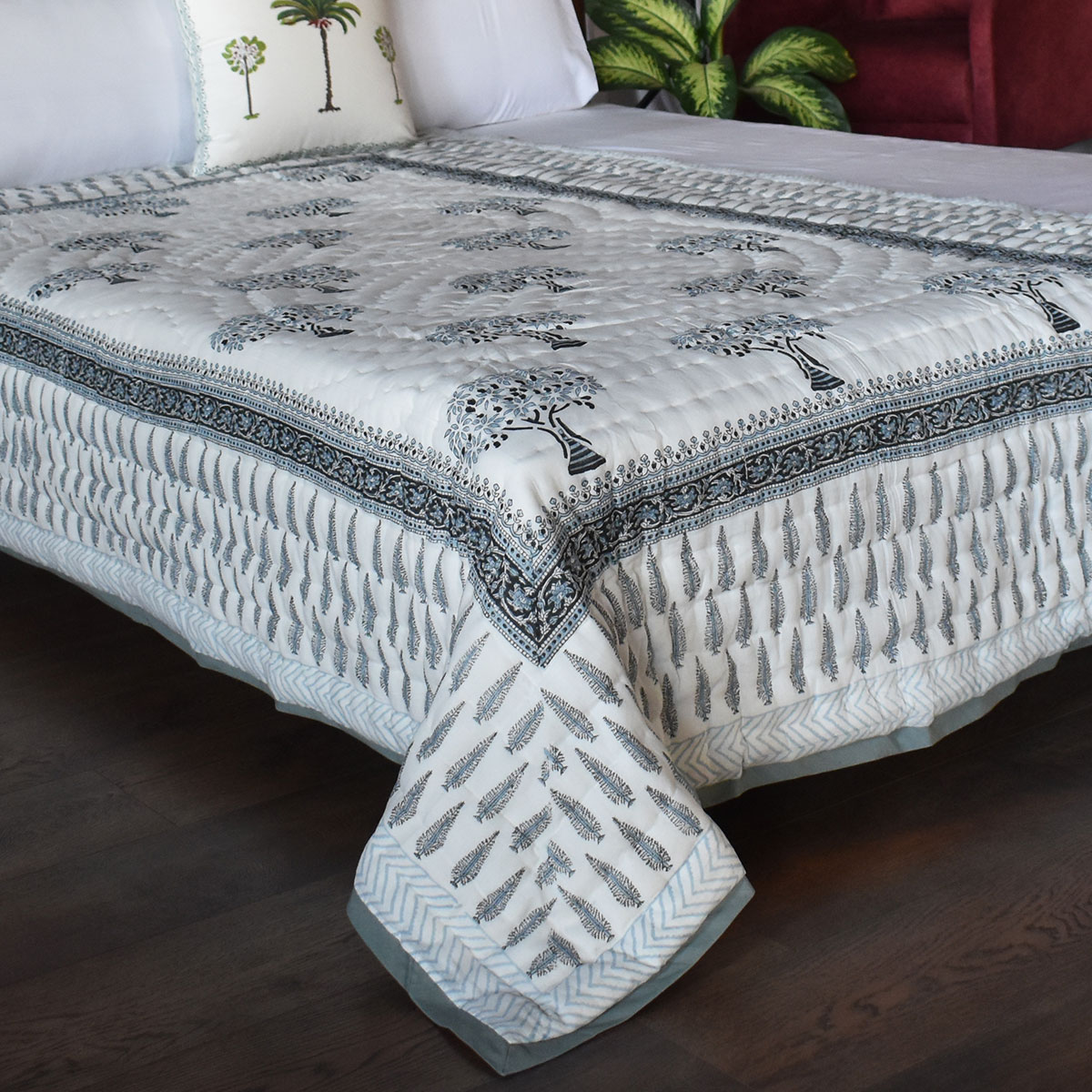 Hand Block Printed Cotton Twin Size Quilt Winter Fall Tree Grey 107195