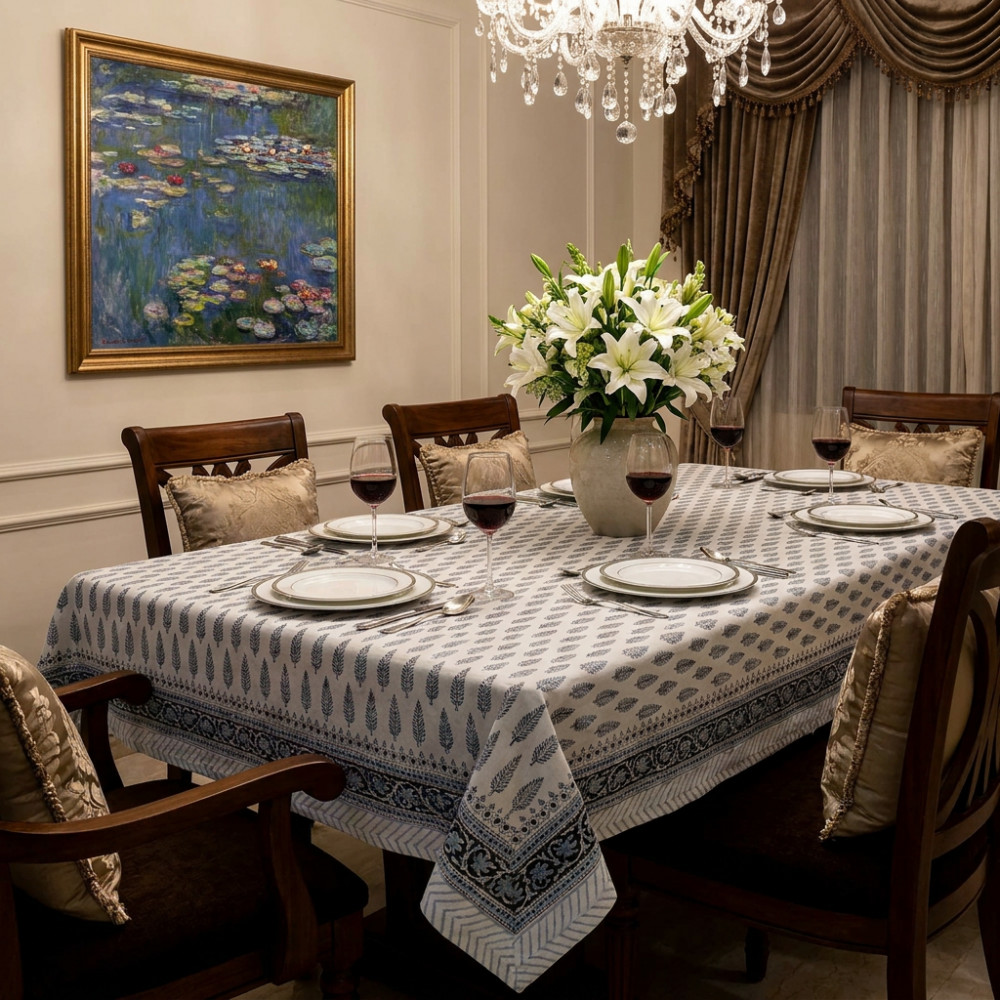 Image of Tablecloth 12 seater in Cotton Hand Block Printed Cotton Tablecloth 180x340 cms | Winter Fall Tree Grey 107195