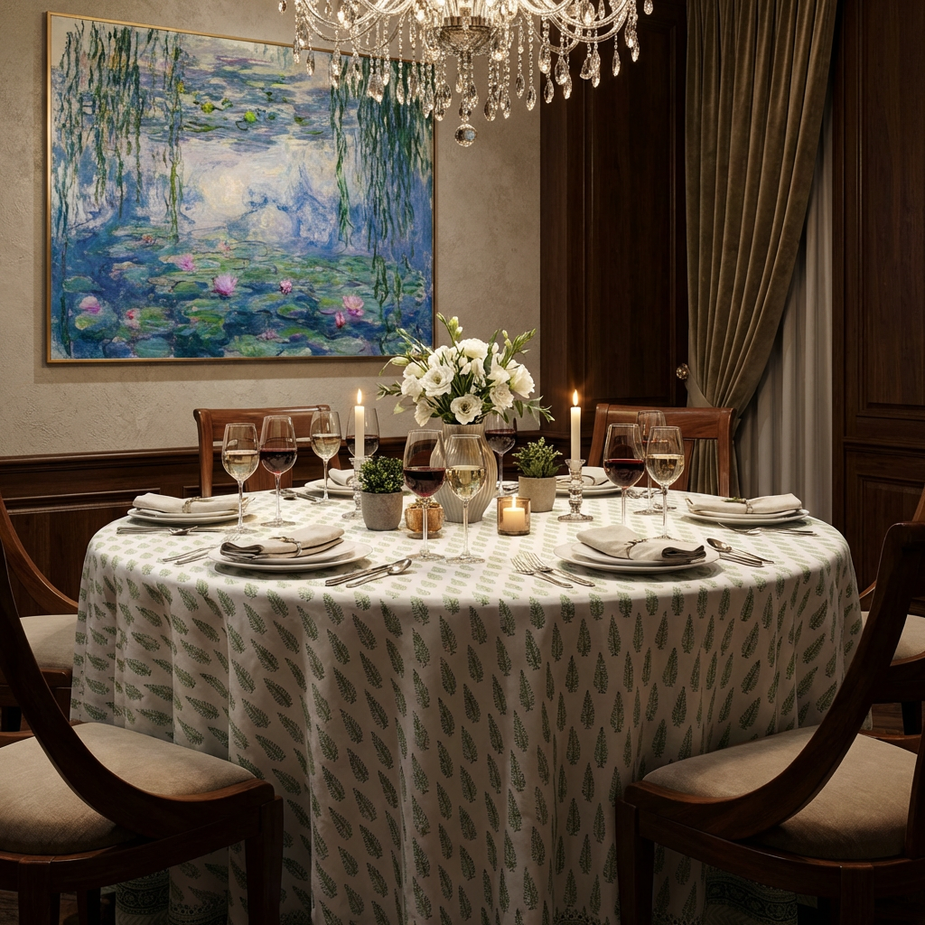 Hand Block Printed Cotton Round Tablecloth 275cm Winter Fall Tree Vineyard 302395